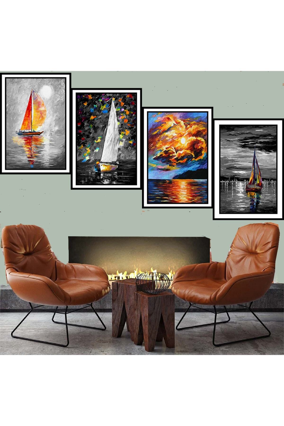 TAKIFİX Deniz Manzaralı 4 Adet 20x30 cm Retro Ahşap Tablo