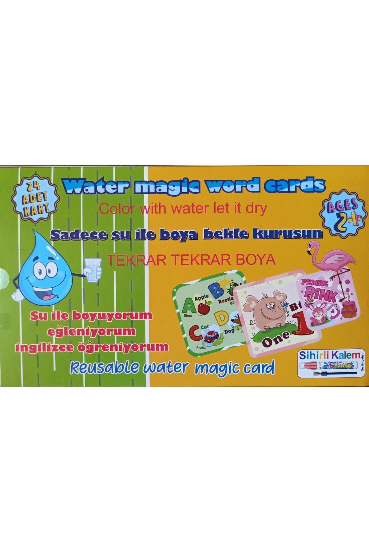 DERİK htsp Magic Word Cards Sihirli Sulu Boyama Kalemli 24 Adet Kartlı Ingilizce Öğreniyorum Seti şmd