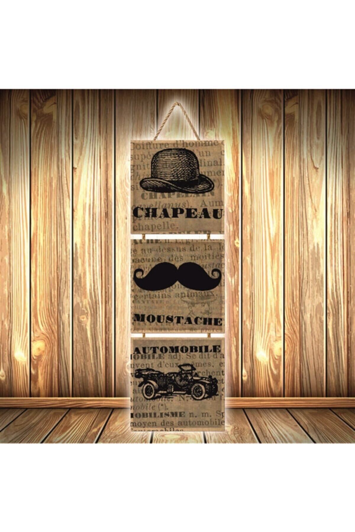 TAKIFİX Chapeau Moustache Automobile Tasarımlı Üçlü Retro Ahşap Poster Ü374