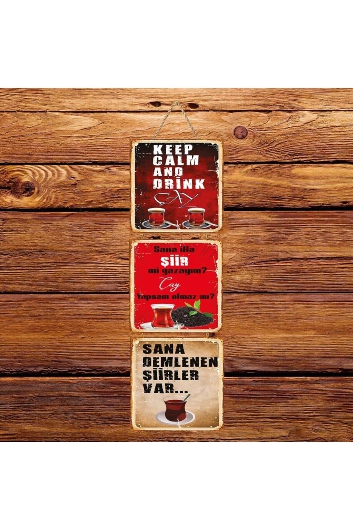 TAKIFİX Çay Ile Ilgili Sözler Üçlü Retro Ahşap Poster