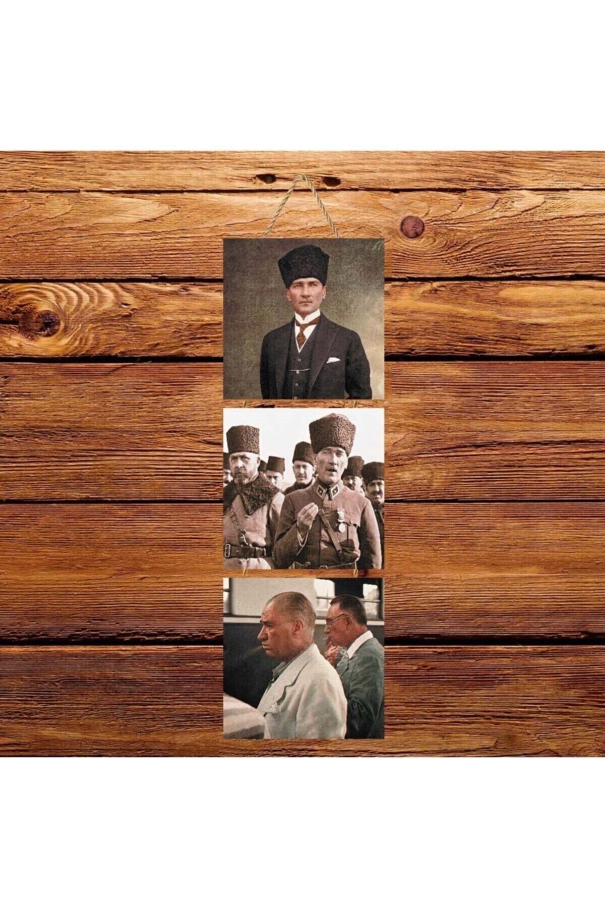 TAKIFİX Mustafa Kemal Atatürk Üçlü Retro Ahşap Poster Ü135