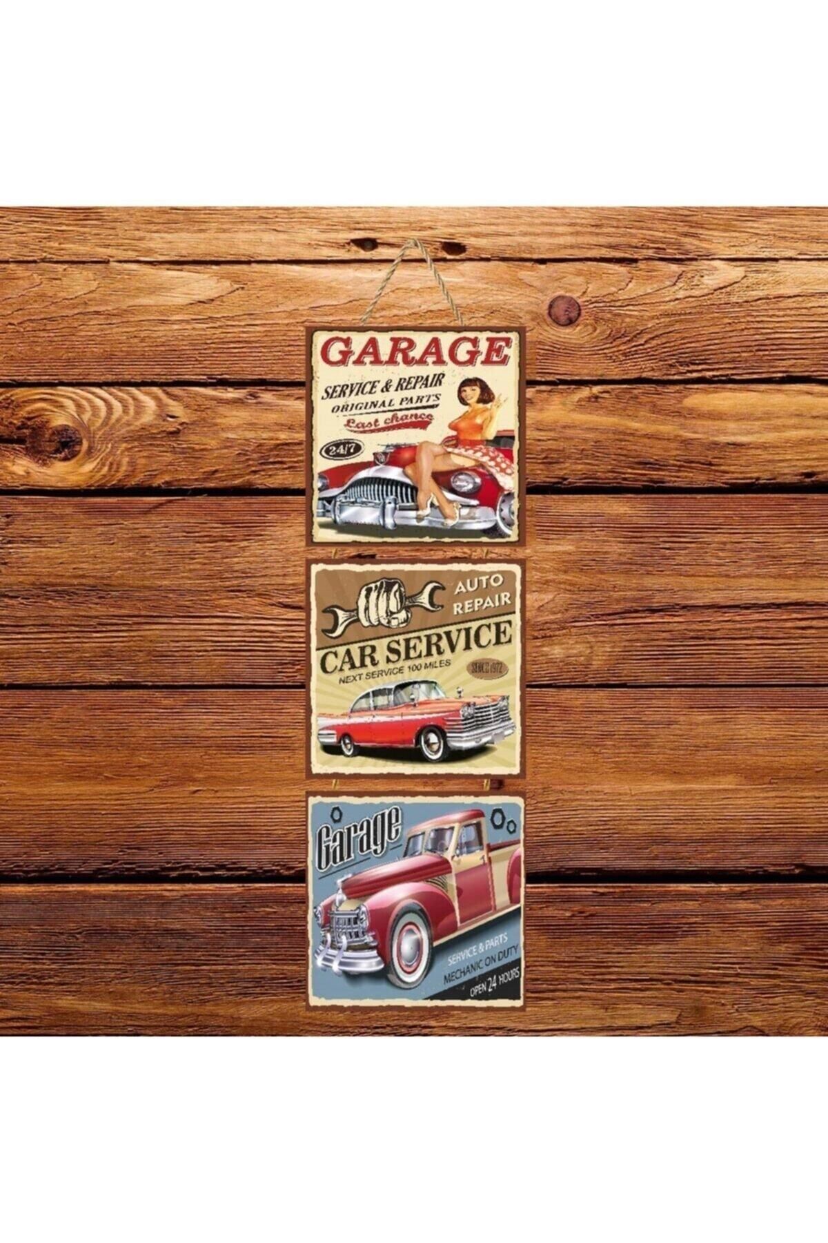 TAKIFİX Garage Üçlü Retro Ahşap Poster Ü149