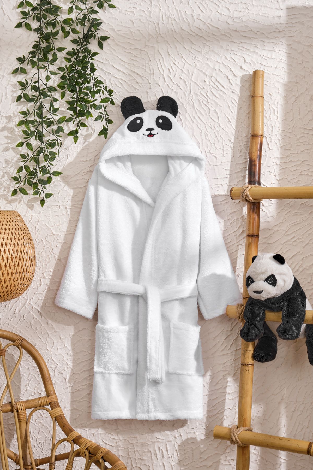 RASERSA Çocuk Bornozu PANDA Temalı - %100 Pamuk, Kapüşonlu, Unisex, Yumuşak ve Su Emici