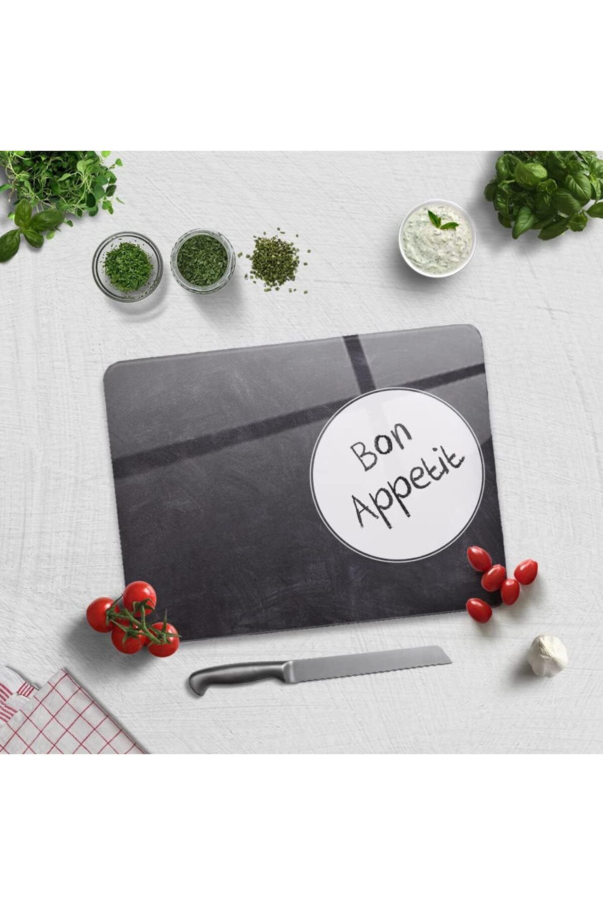 DERİK Derik Cam Kesme Tahtası - Cam Kesme Tablası | Bon Appetit | Karatahta Görünümlü (30cm x 40cm)