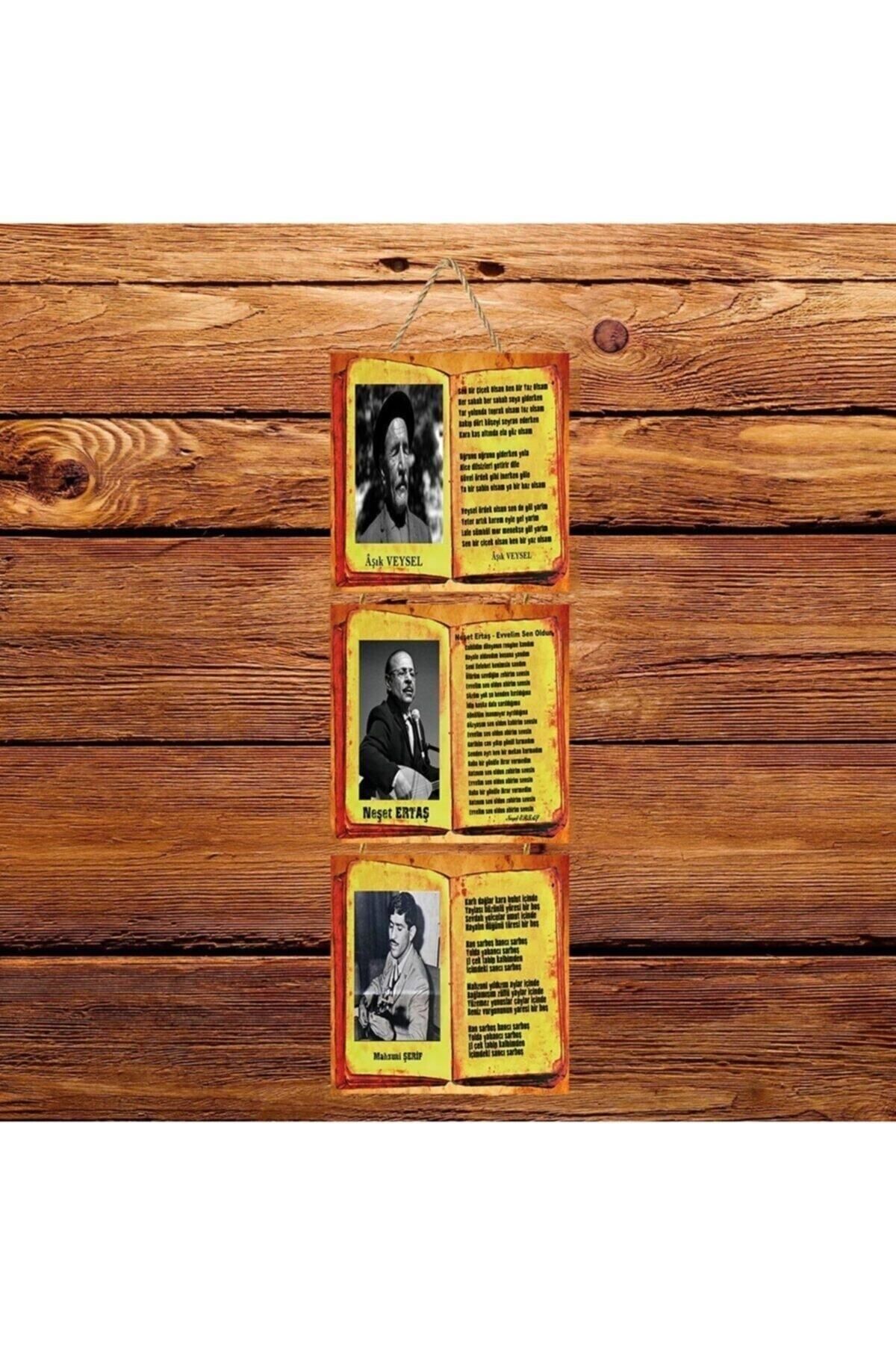 TAKIFİX Aşık Veysel Neşet Ertaş Mahsuni Şerif Üçlü Retro Ahşap Poster
