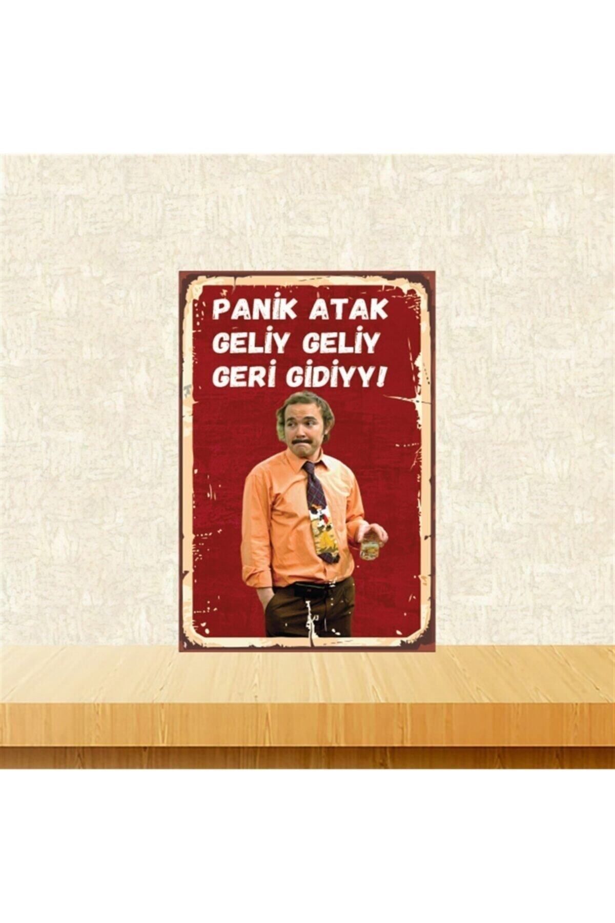 TAKIFİX Panik Atak Geliy Geliy Geri Gidiyy 20-30 Cm Retro Ahşap Poster Tkfx4472
