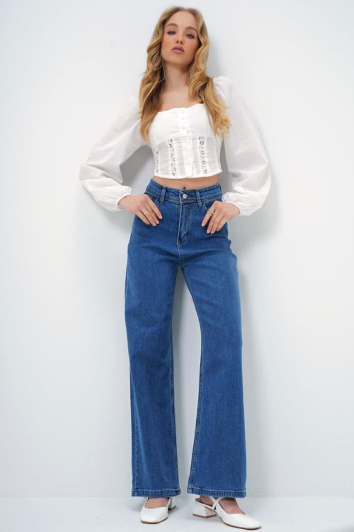 H&E LUXURY DESIGN Yüksek Bel Wide Leg Jean Koyu Mavi Bol Paça Denim Pantolon