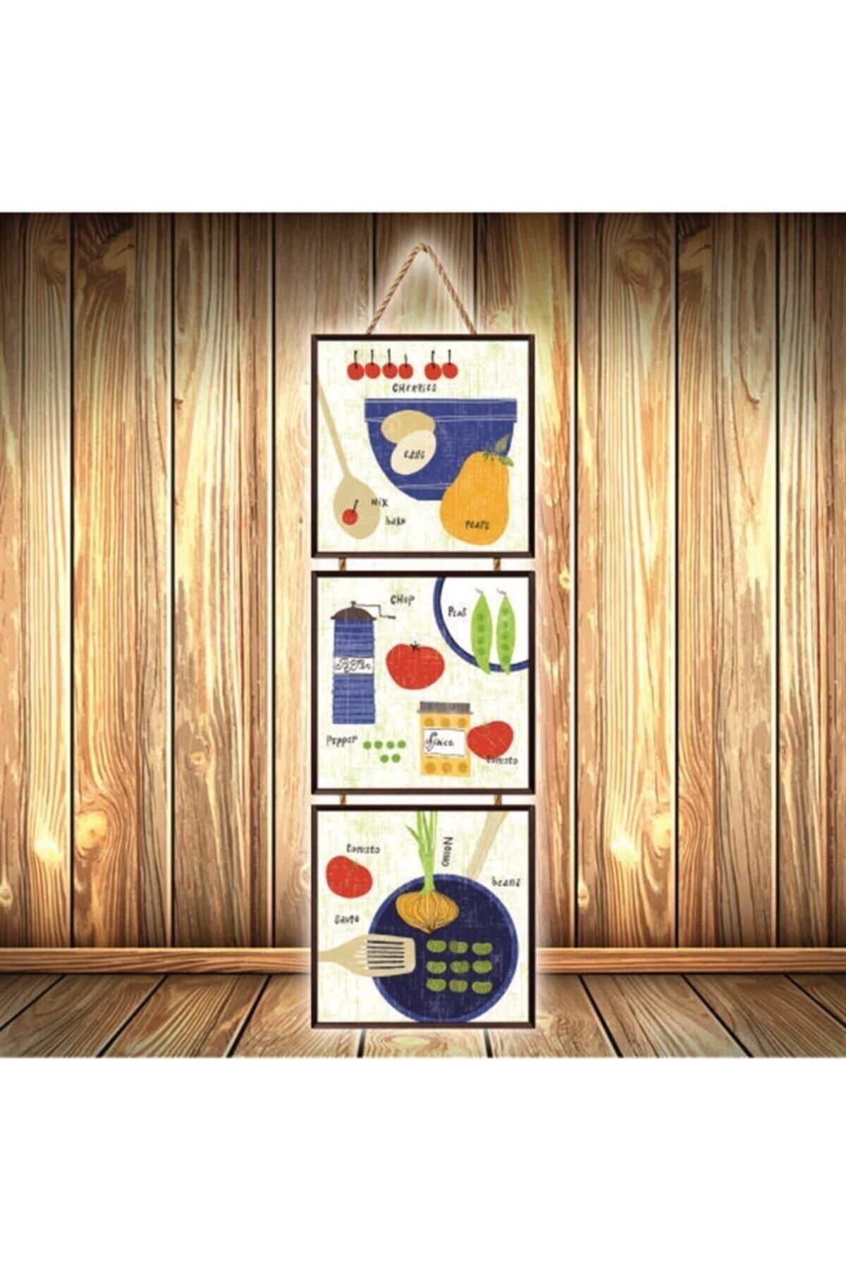 TAKIFİX Yemek Tasarımlı Üçlü Retro Ahşap Poster Ü339