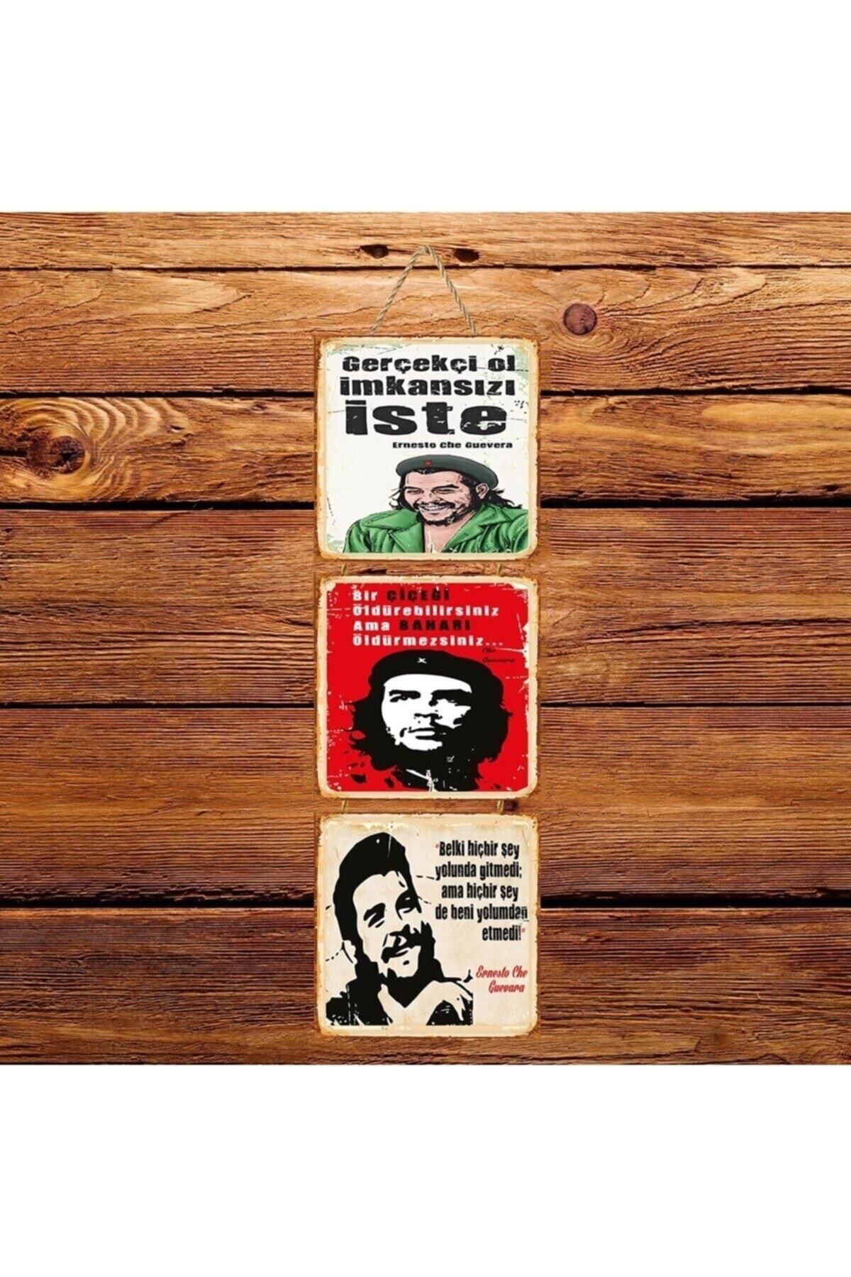 TAKIFİX Che Guevara Gerçekçi Ol Üçlü Retro Ahşap Poster