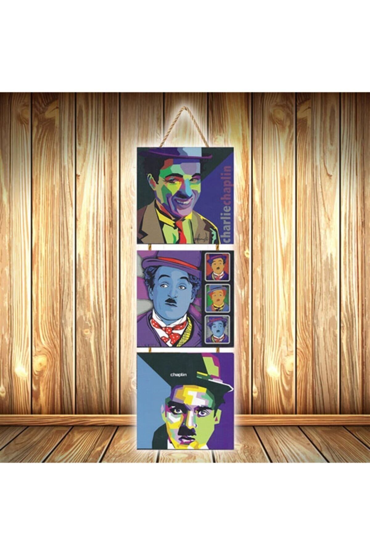TAKIFİX Charlie Chaplin Tasarımlı Üçlü Retro Ahşap Poster Ü542