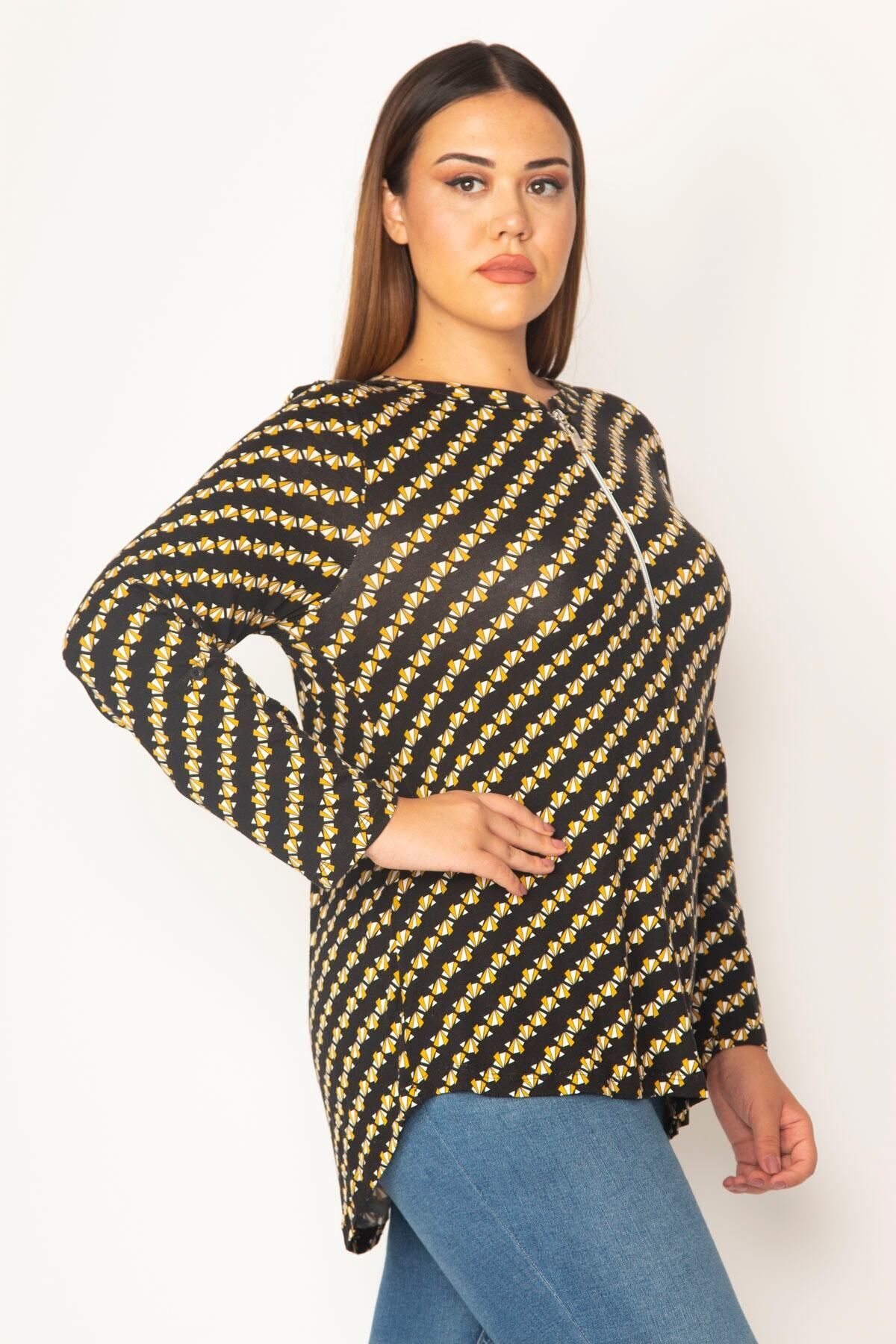 Şans-Women's Large Size Black Front Placket Zippered Viscose Blouse 65n28620 1