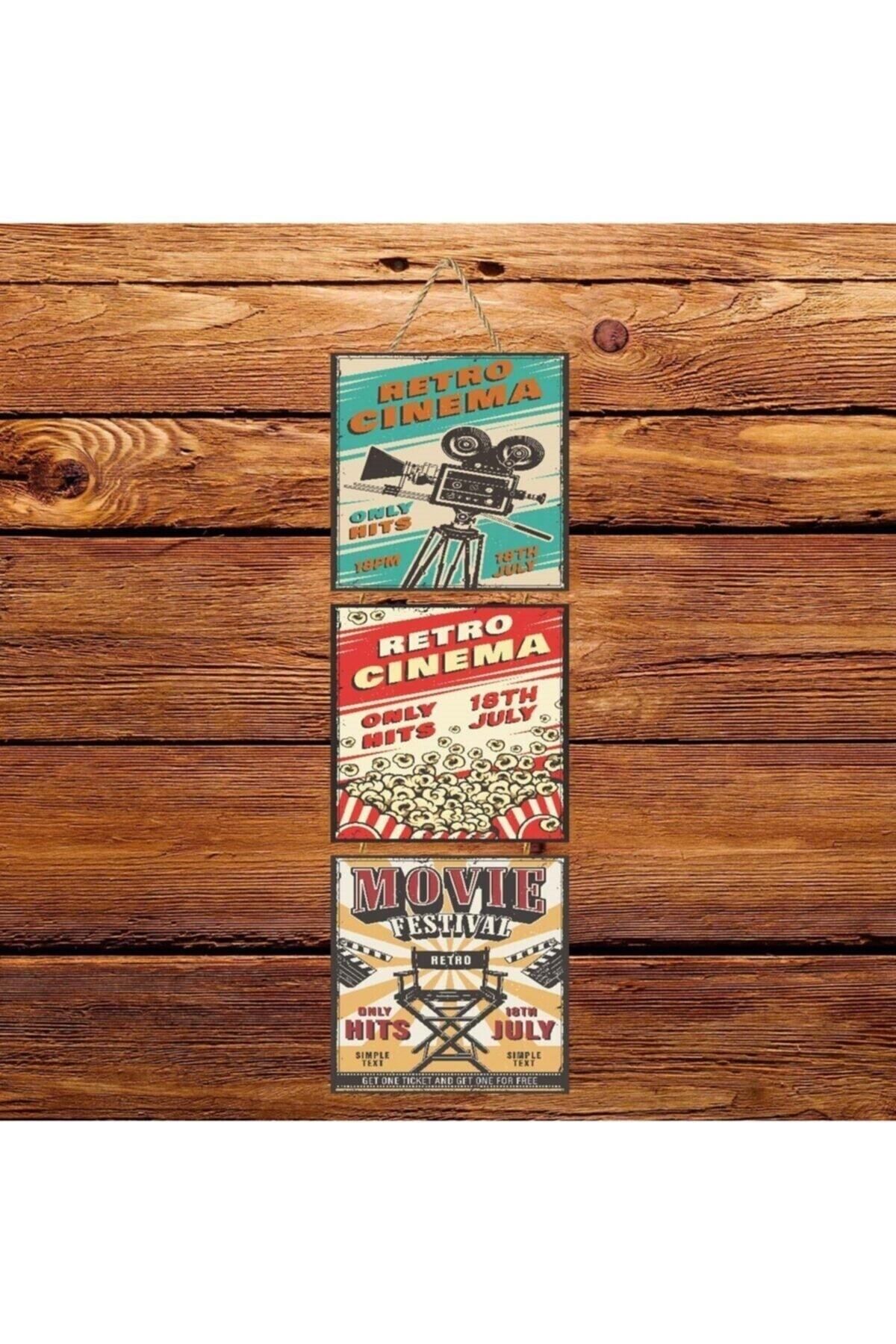 TAKIFİX Retro Cinema Üçlü Retro Ahşap Poster Ü154
