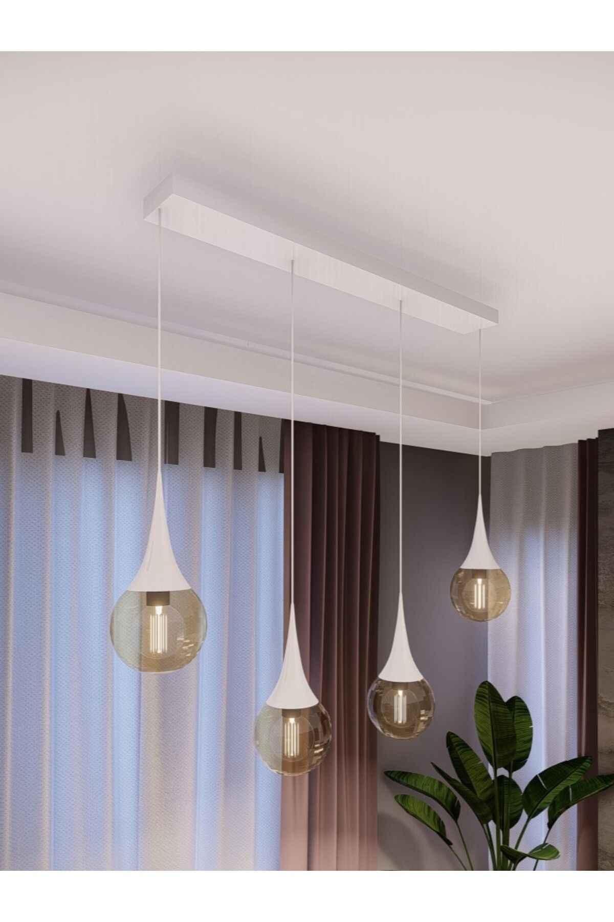 avizade Beyaz Metal Bal Cam Sıralı Avize - 4’lü Sarkıt, Modern Tasarım, E27 Duy Uyumlu