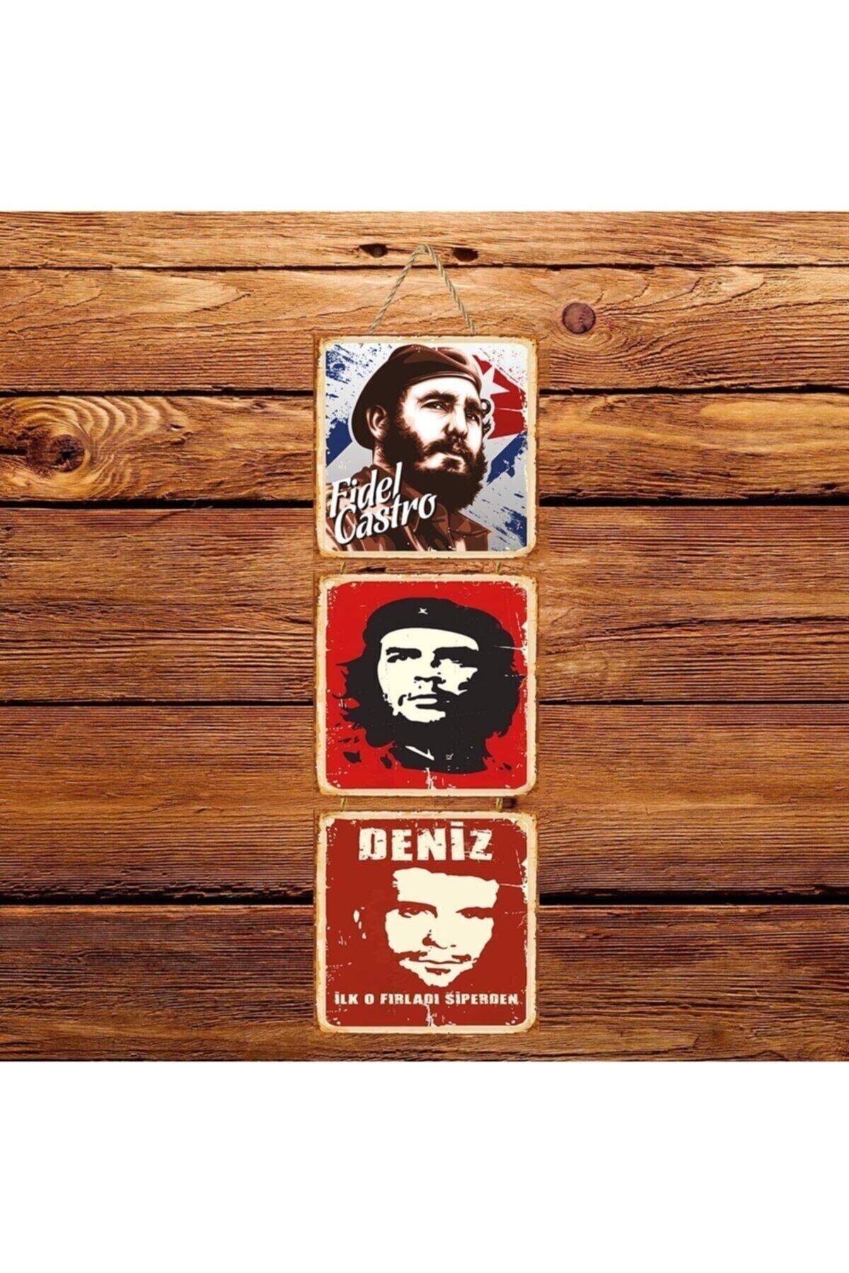 TAKIFİX Fidel Castro Che Guevara Deniz Gezmiş Üçlü Retro Ahşap Poster
