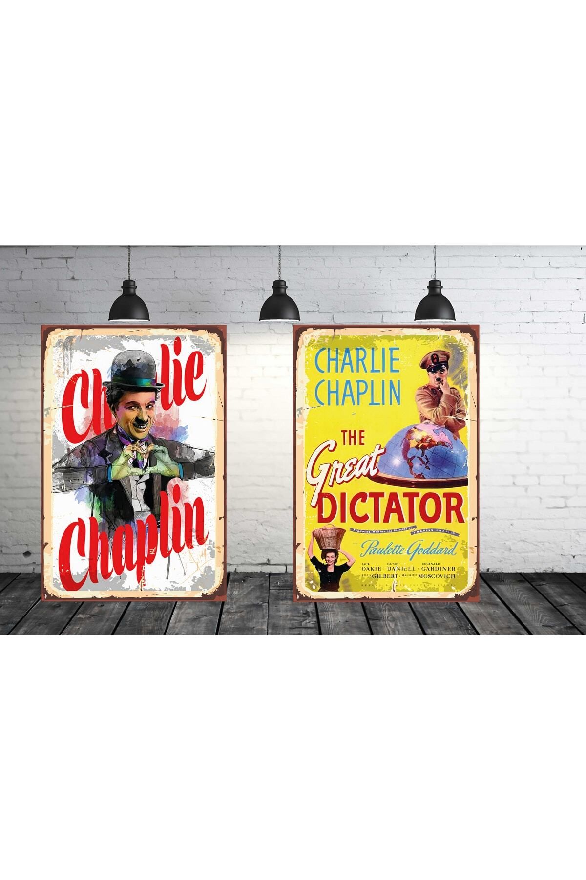TAKIFİX Charlie Chaplin Seti 2 Adet 20x30 Cm Retro Ahşap Tablo