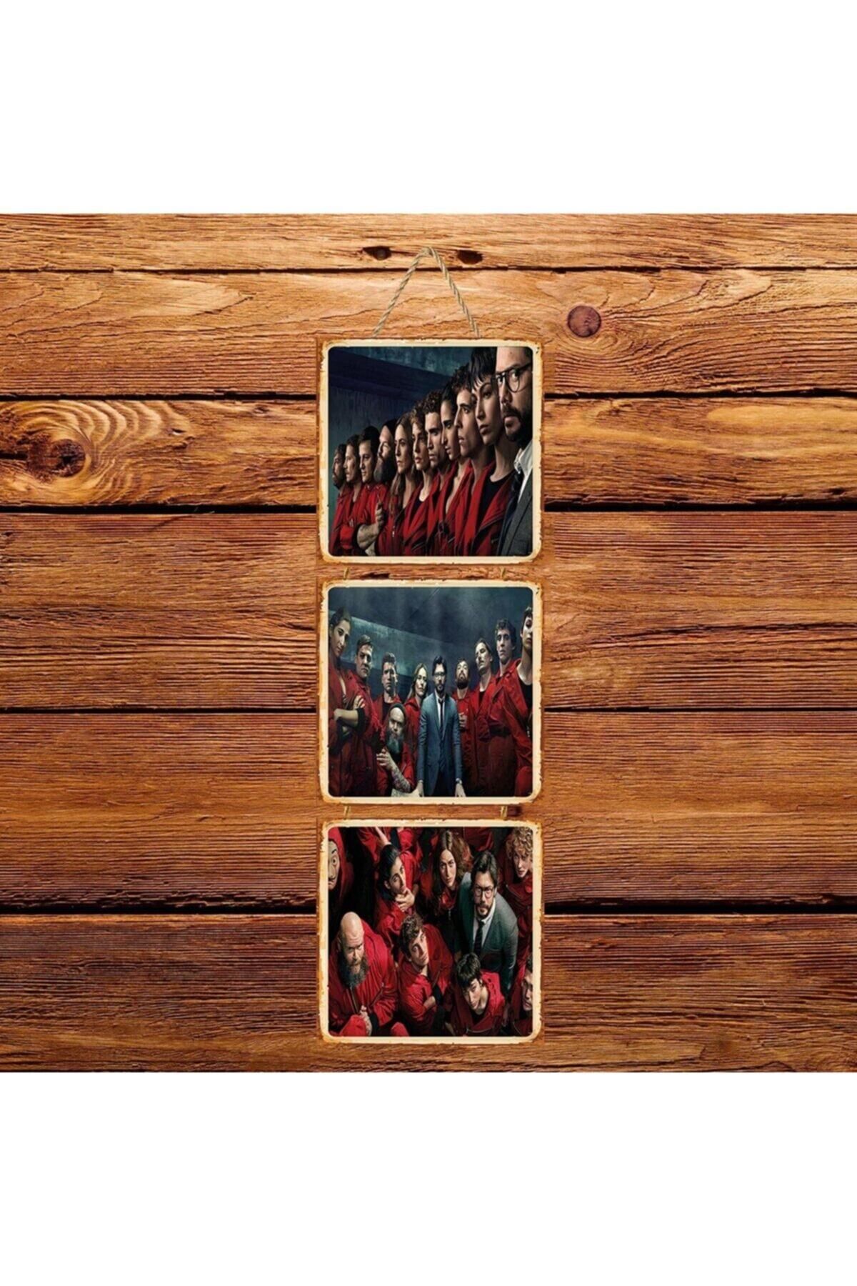TAKIFİX La Casa De Papel Üçlü Retro Ahşap Poster