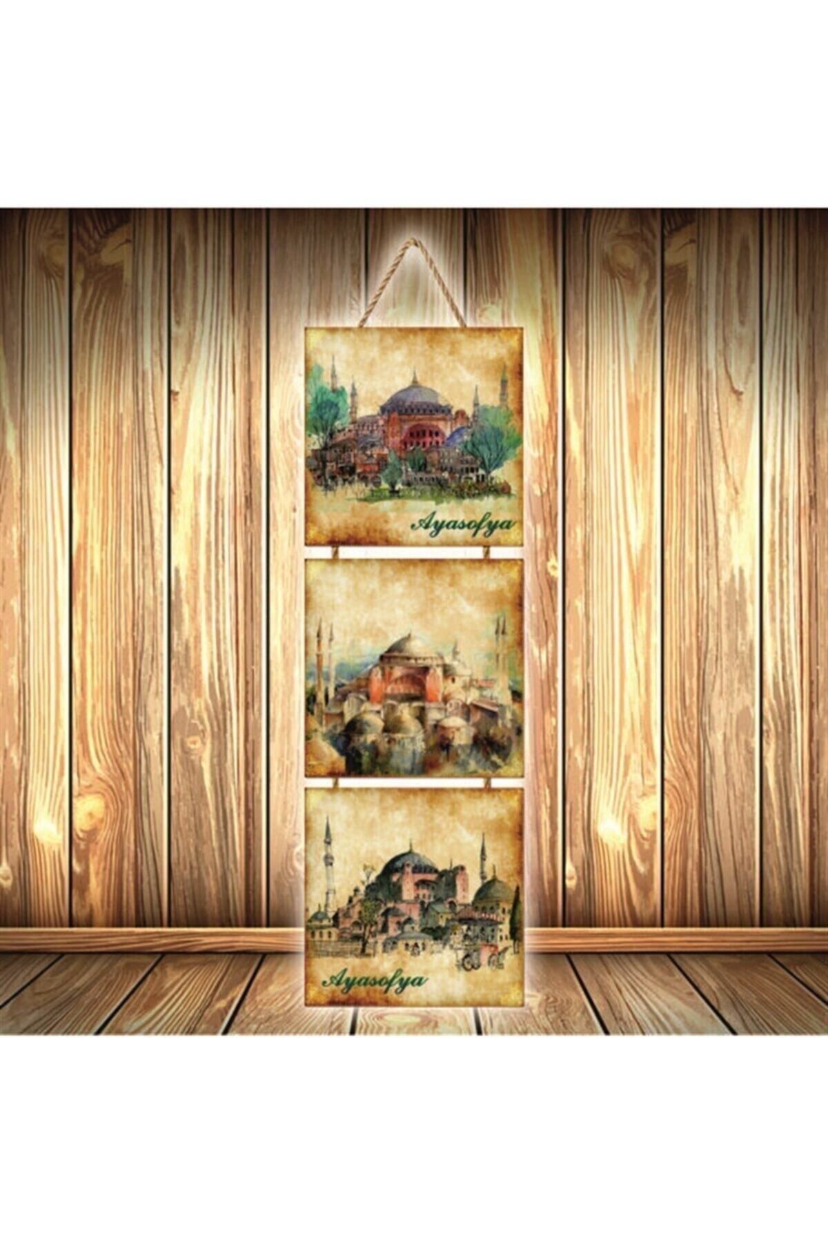 TAKIFİX Ayasofya Tasarımlı Üçlü Retro Ahşap Poster Ü522