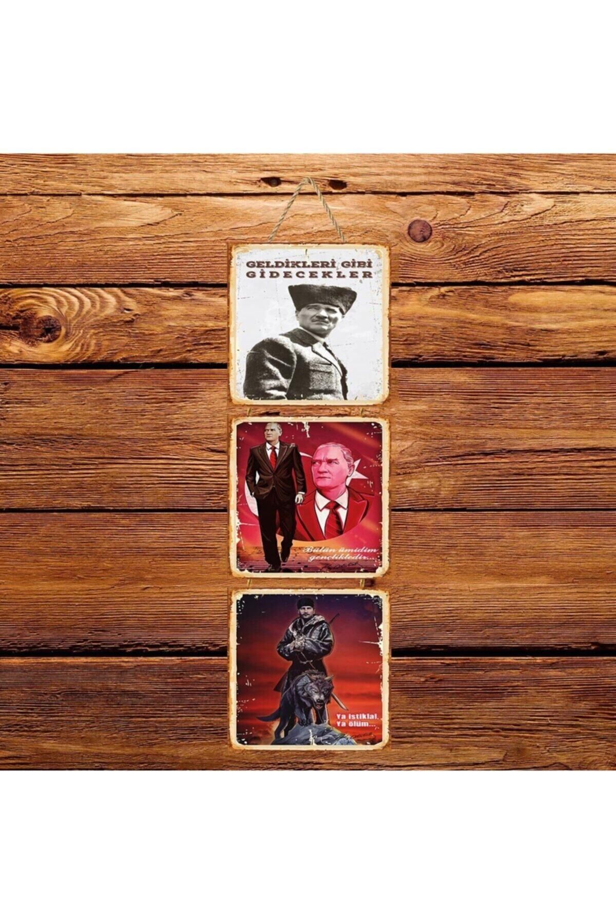 TAKIFİX Atatürk Ya Istiklal Ya Ölüm Üçlü Retro Ahşap Poster
