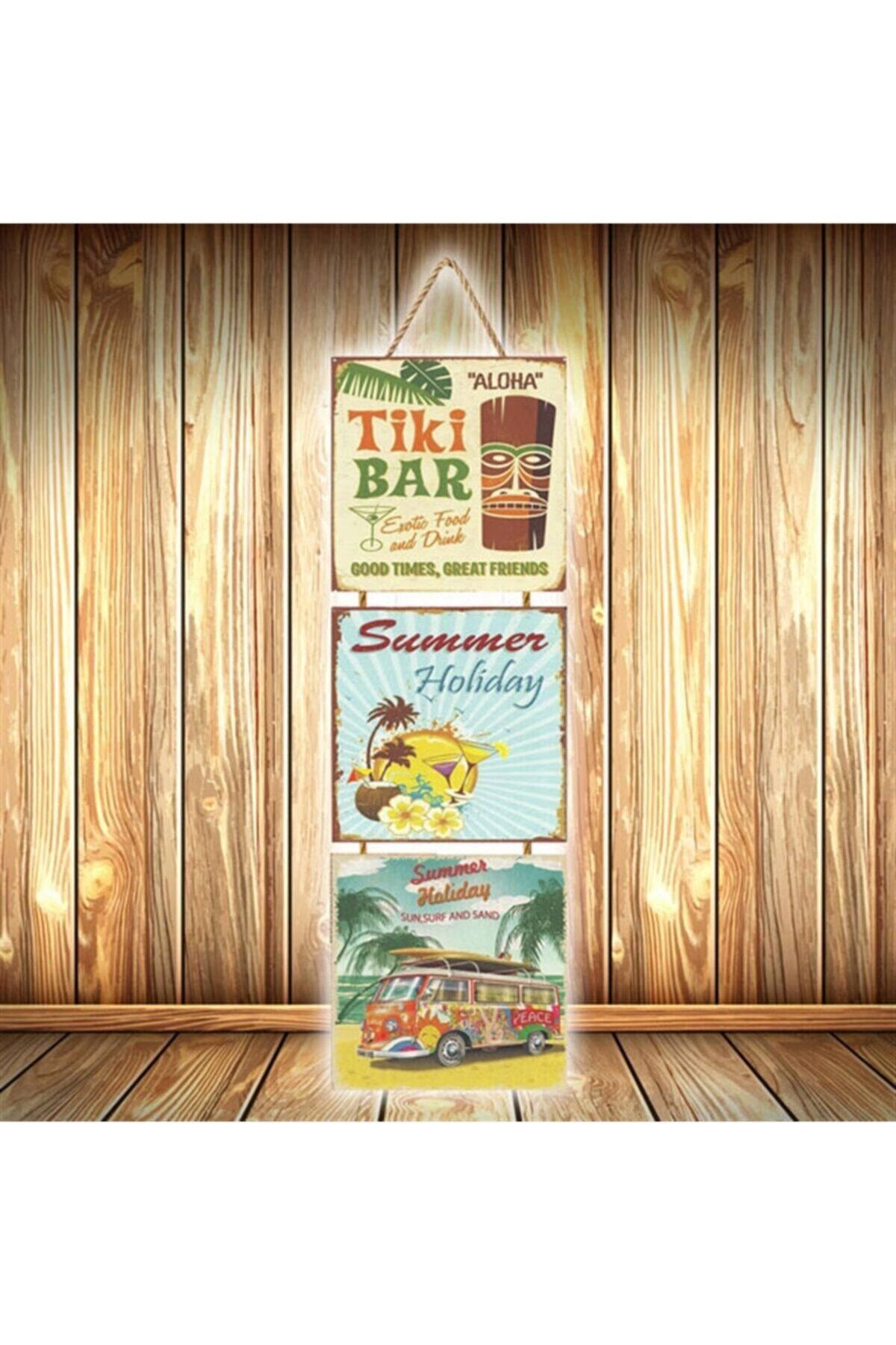 TAKIFİX Summer Holiday Tasarımlı Üçlü Retro Ahşap Poster Ü541