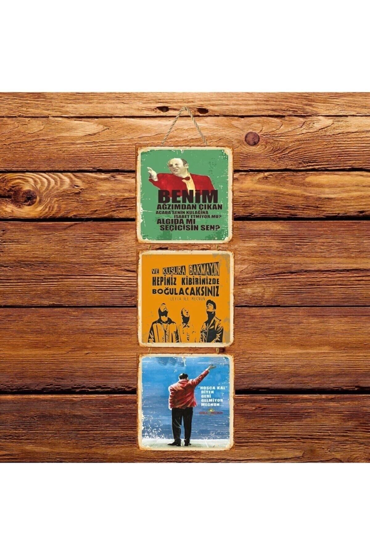 TAKIFİX Leyla Ile Mecnun Replikleri Üçlü Retro Ahşap Poster