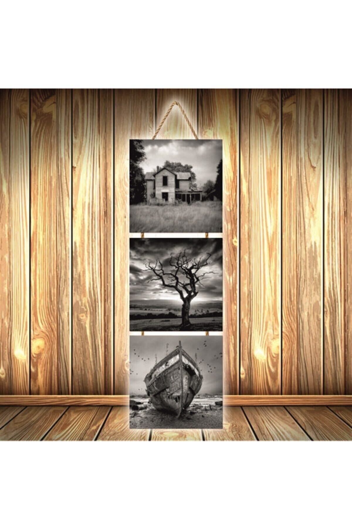 TAKIFİX Ev Ağaç Tekne Tasarımlı Üçlü Retro Ahşap Poster Ü276