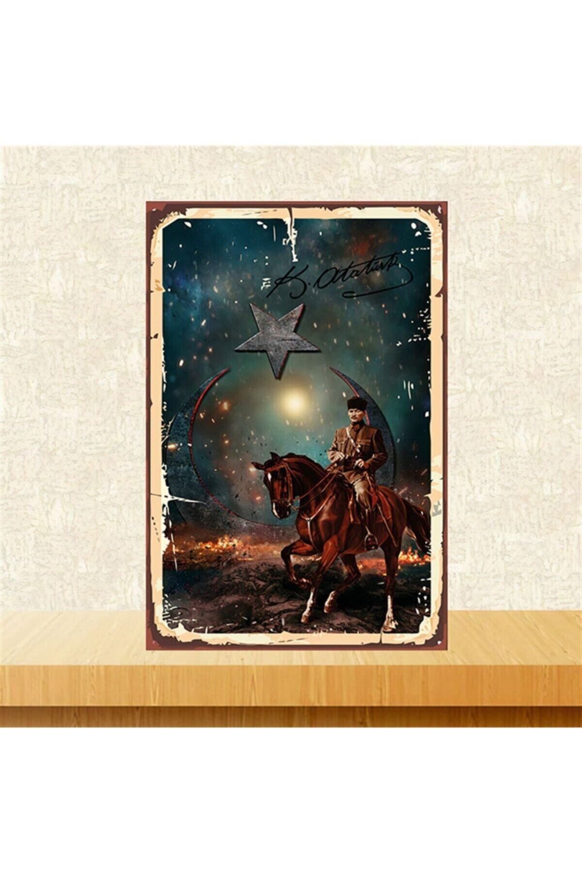 TAKIFİX Ay Yıldız Mustafa Kemal Atatürk 20-30 cm Retro Ahşap Poster