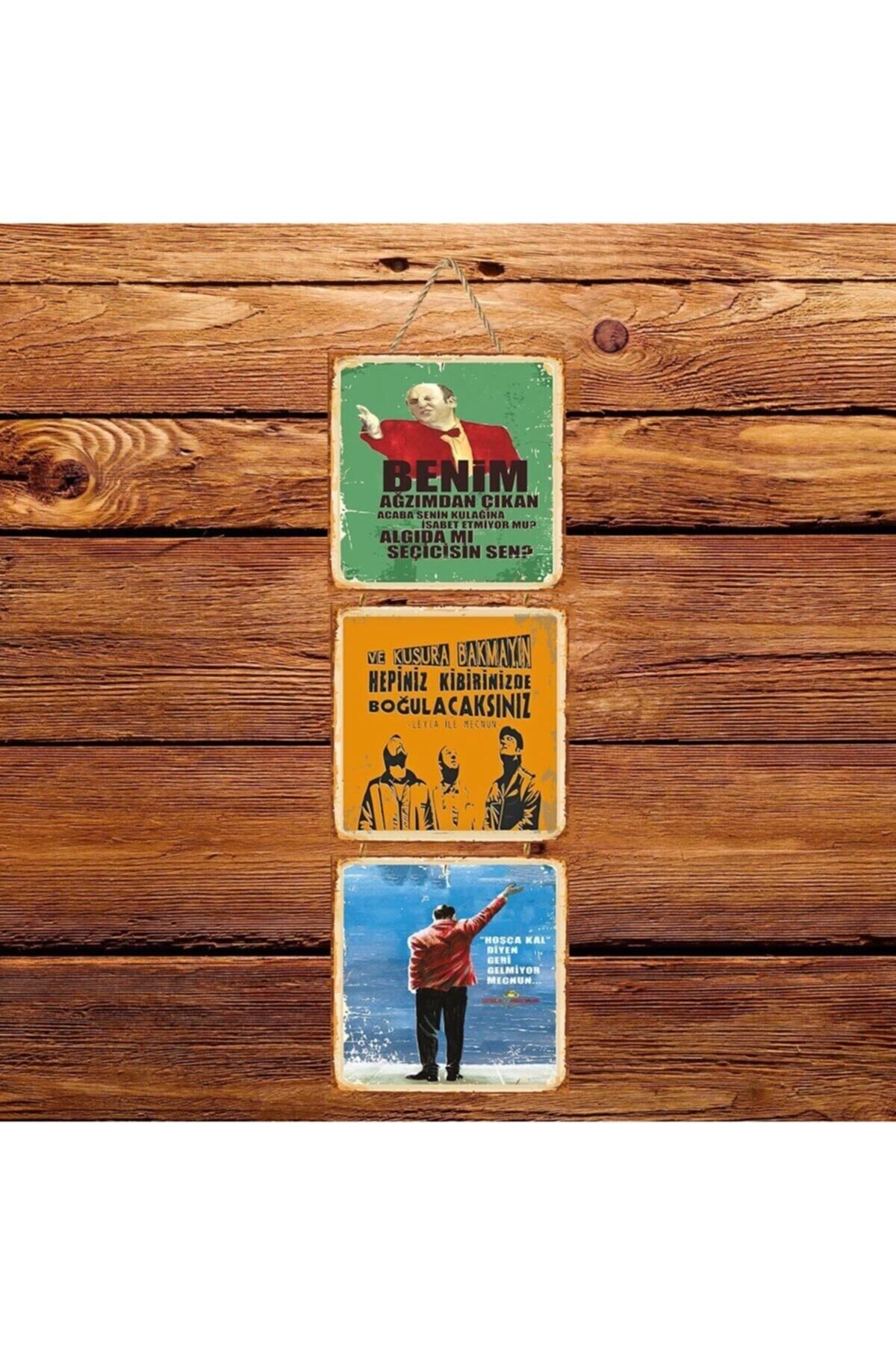TAKIFİX Leyla Ile Mecnun Replikleri Üçlü Retro Ahşap Poster