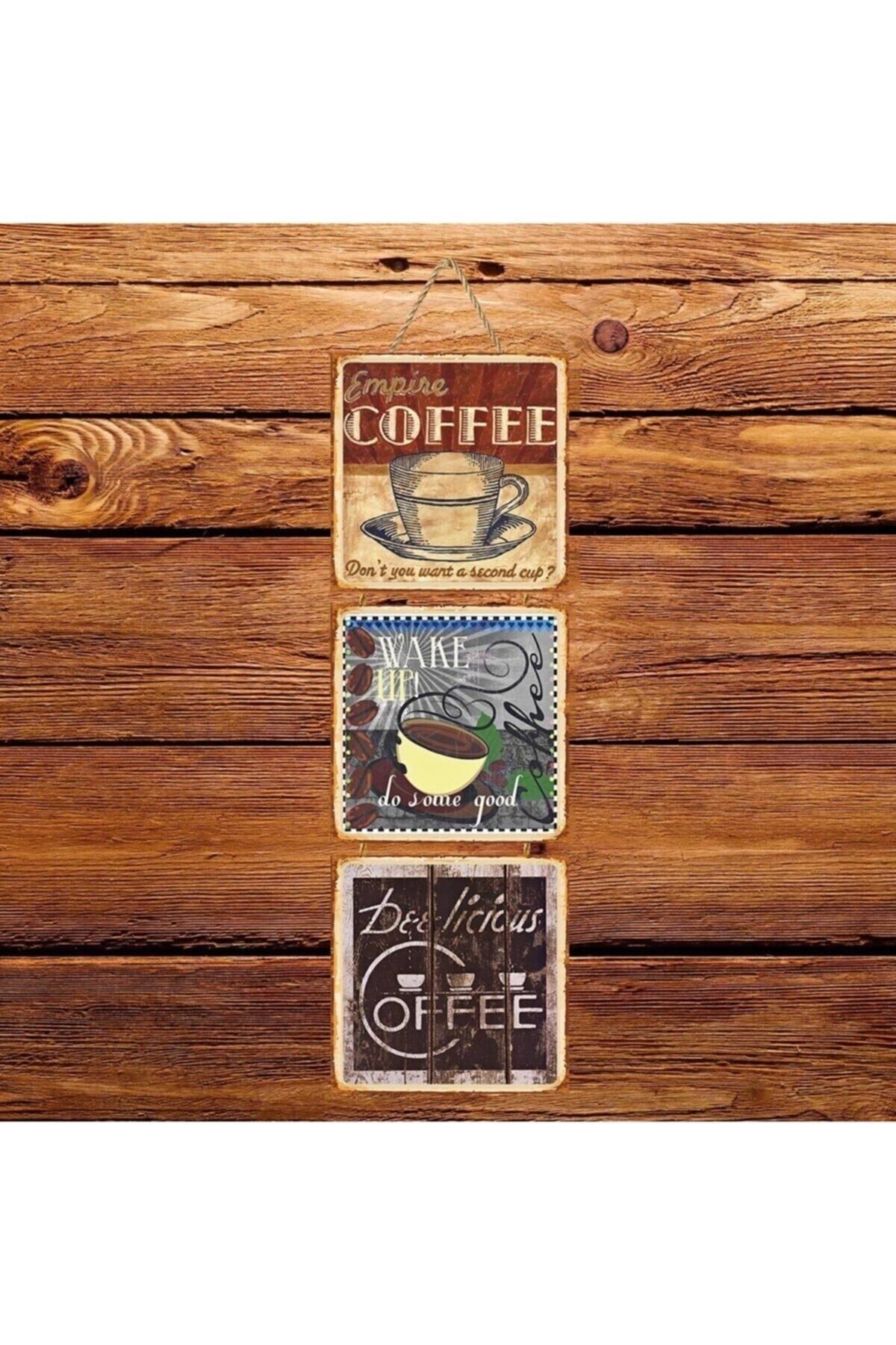 TAKIFİX Empire Coffee Üçlü Retro Ahşap Poster