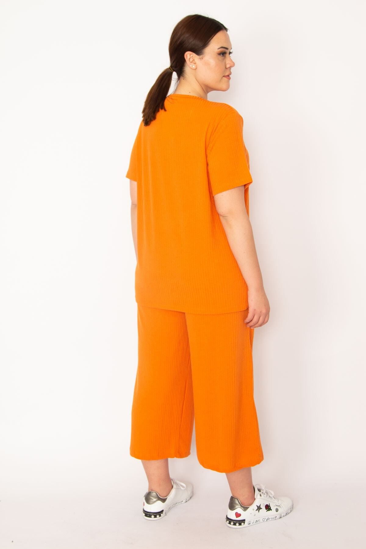 Şans-Camolă portocalie pentru femei, tricotată, cu talie elastică, pantaloni lați, bluză cu decolteu în V, costum 65N32939 4