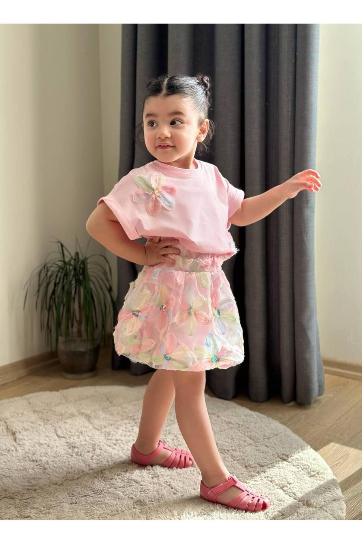 Kids-Girl's Balloon Skirt with Flowers 2 Piece Set 3