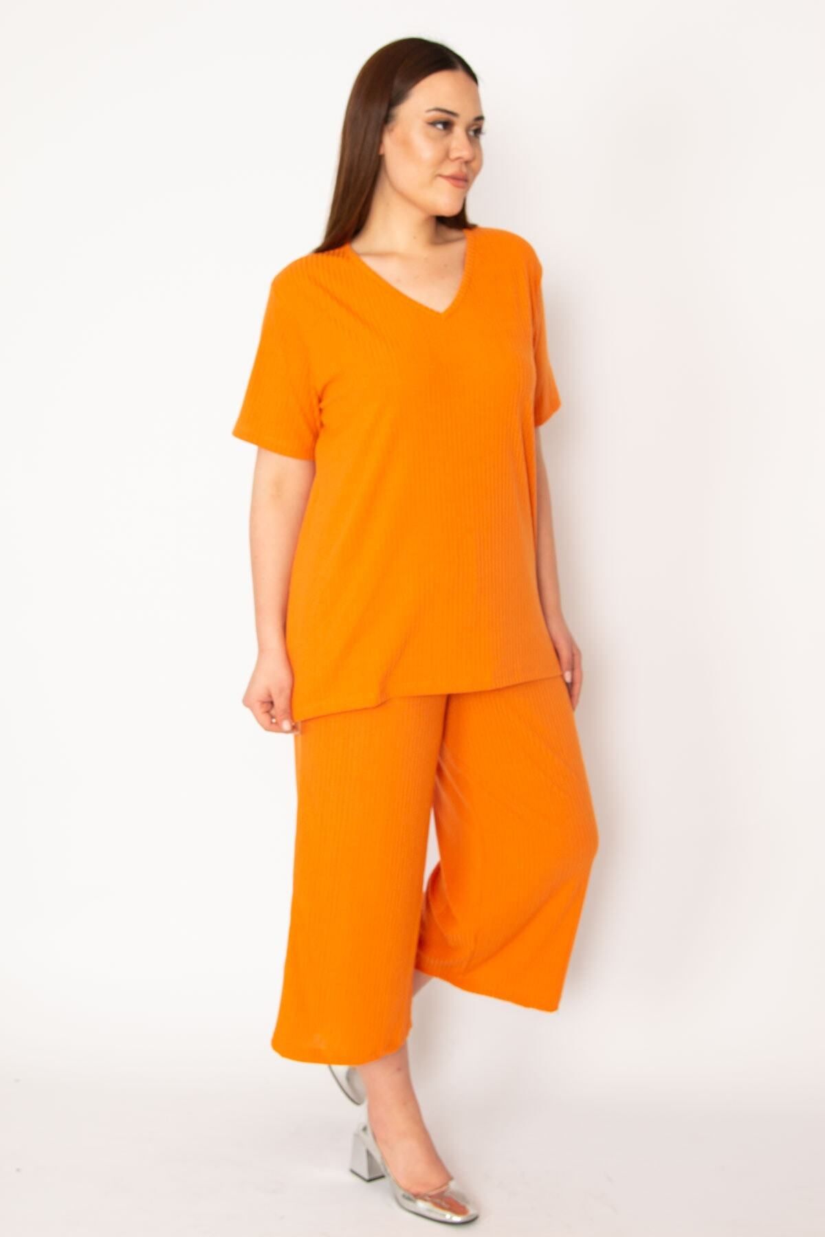 Şans-Camolă portocalie pentru femei, tricotată, cu talie elastică, pantaloni lați, bluză cu decolteu în V, costum 65N32939 5