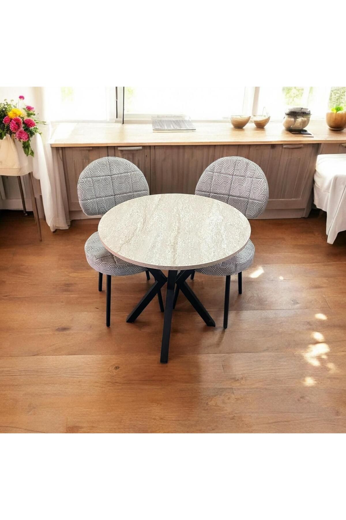 BAMBEDS MOBİLYA Bambeds Mobilya 70x70 Trevertan Yuvarlak Balkon Masa Ahtapot Ayak Armut Sandalye 2 Adet
