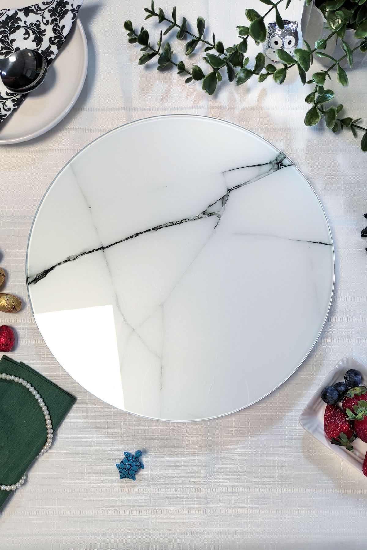 Sunum360-White Marble Patterned Luxury Service Presentation Plate with Rotating Stand. Rotating Cake and Cheese Plate Stand 5