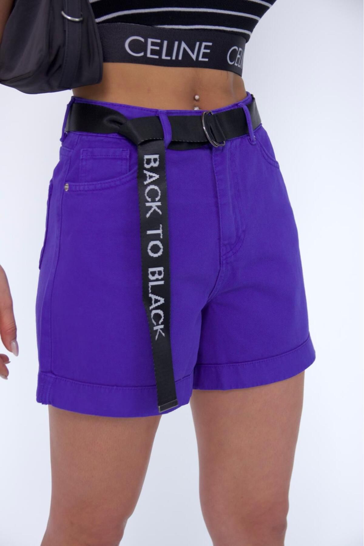 Zeo Basic-Double Leg Purple Belted Shorts 2