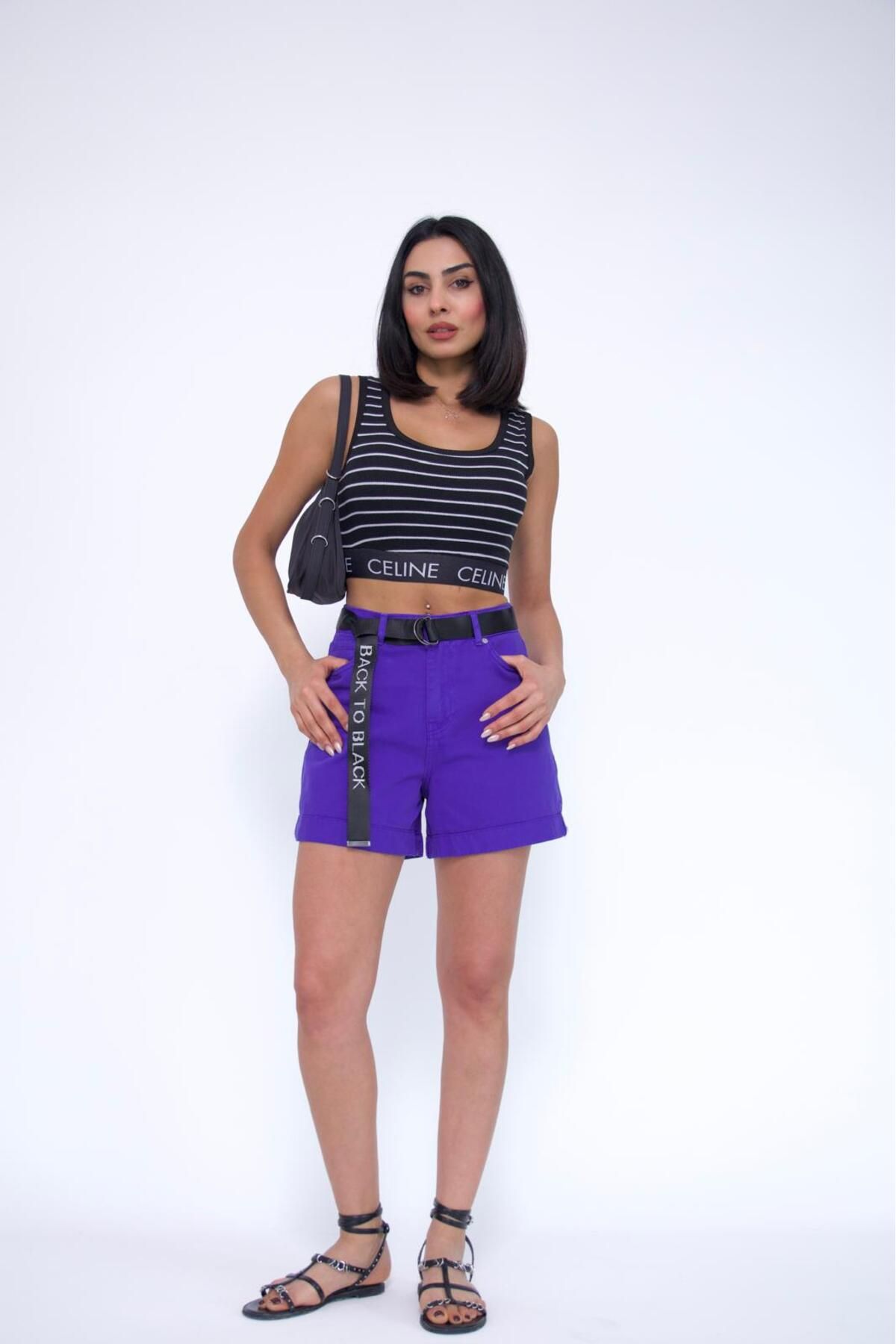 Zeo Basic-Double Leg Purple Belted Shorts 6