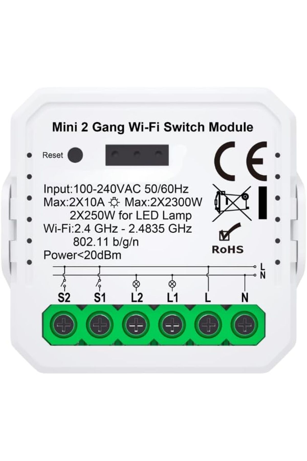 ÇAĞUR Dark Tuya Uyumlu Akıllı Anahtar Modülü, Çift Çıkışlı, Anahtar Girişli, 2x10A - 220V Röle