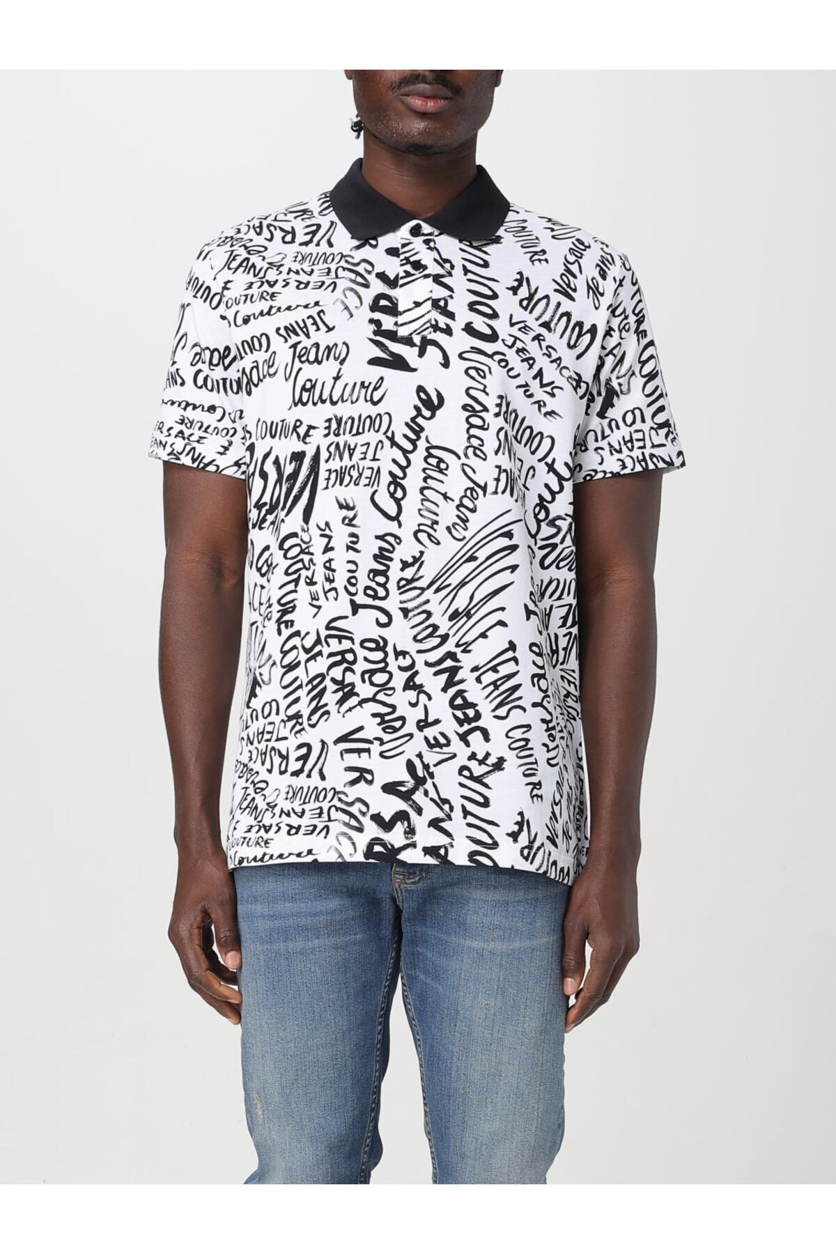 Versace-Men's Polo Neck Logo Printed Short Sleeve White-Black Polo Neck T-Shirt 78Gag6R0Js459-L02 1