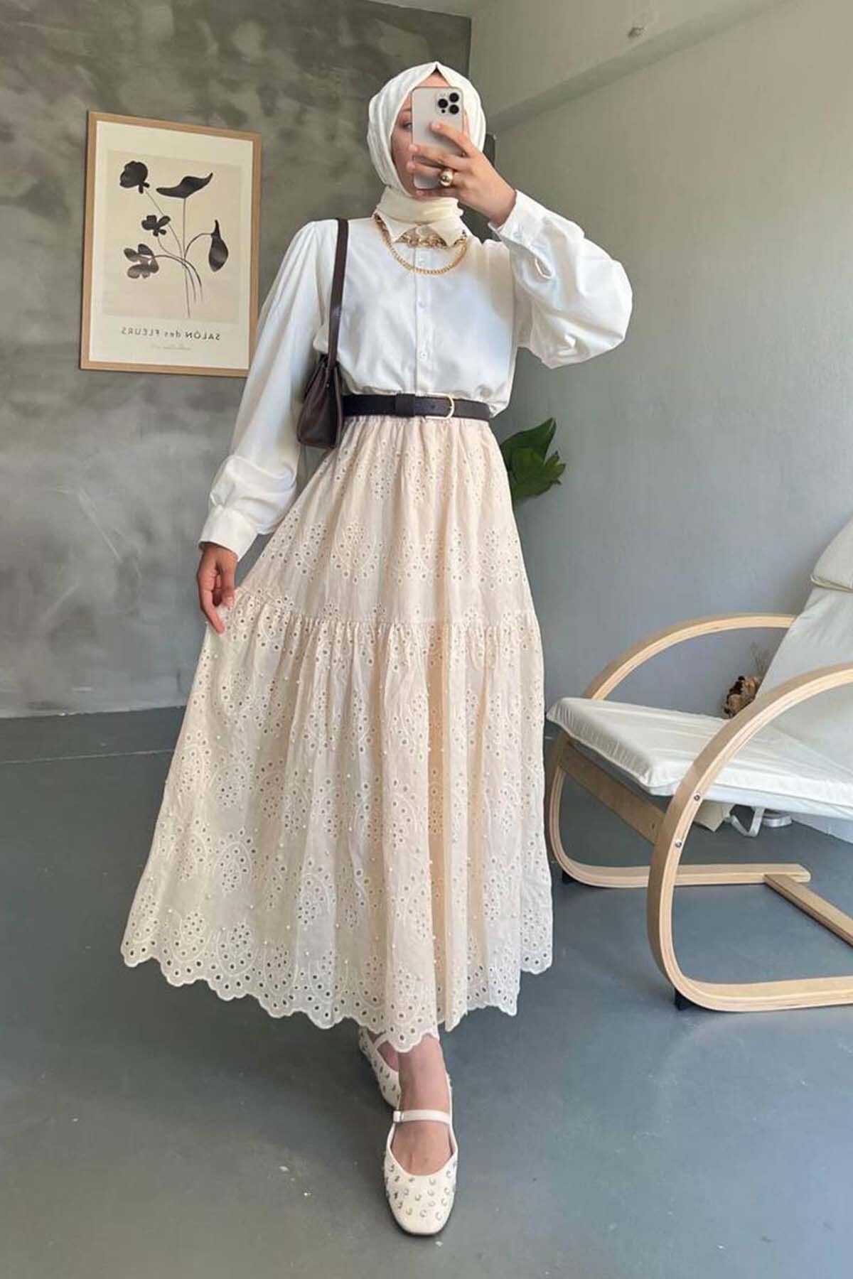 benguen İncili Brode Etek Krem 1395