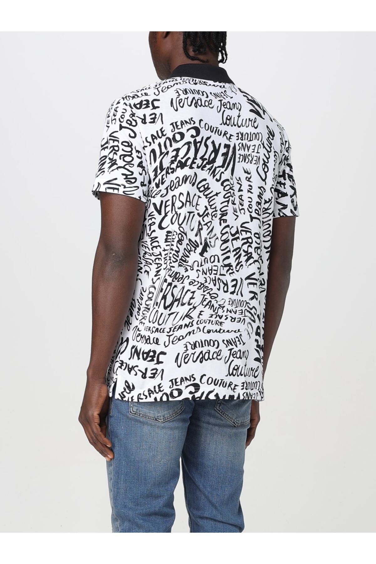 Versace-Men's Polo Neck Logo Printed Short Sleeve White-Black Polo Neck T-Shirt 78Gag6R0Js459-L02 2