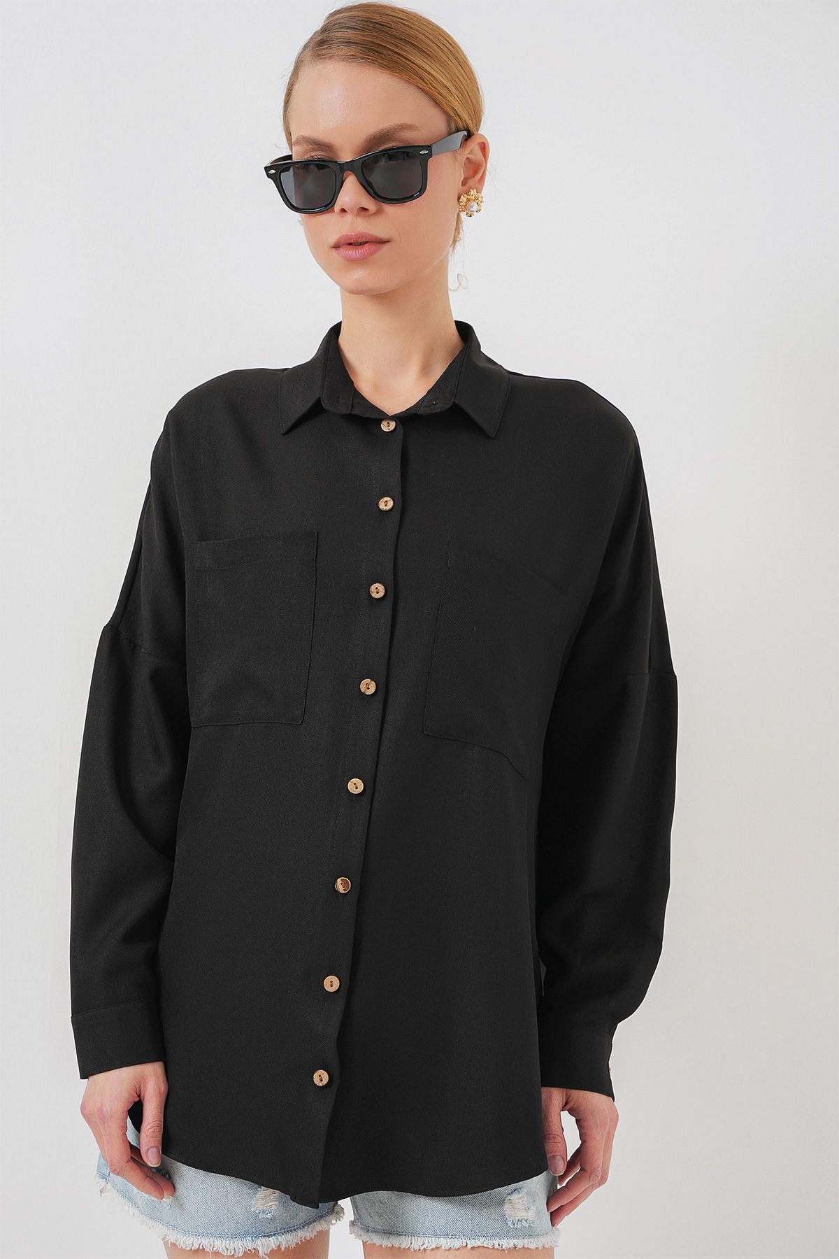 Bigdart-20126 Black Oversize Linen Shirt 3