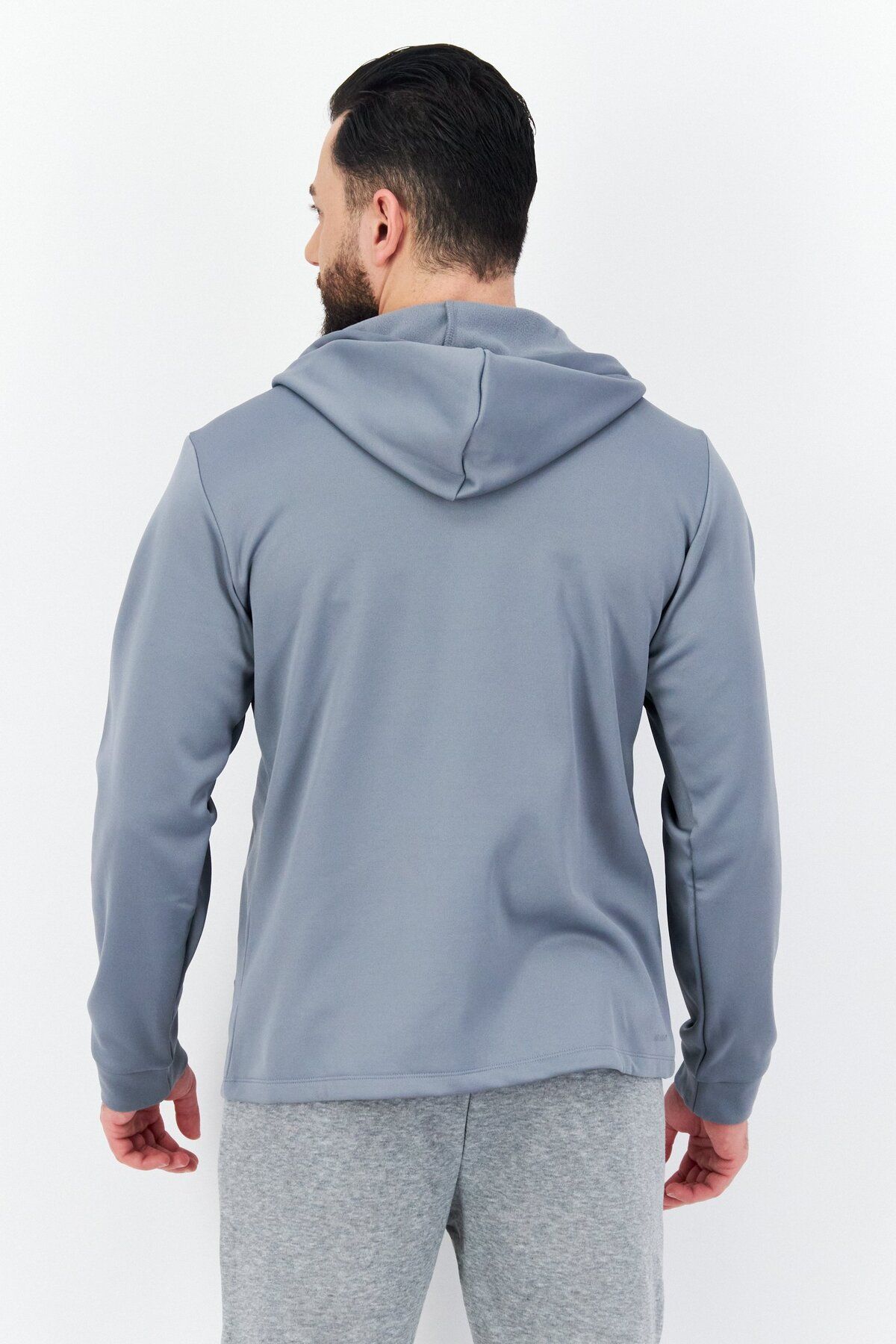 New Balance-Men Sportswear Fit Brand Logo Hooded Training Jacket, Grey 4