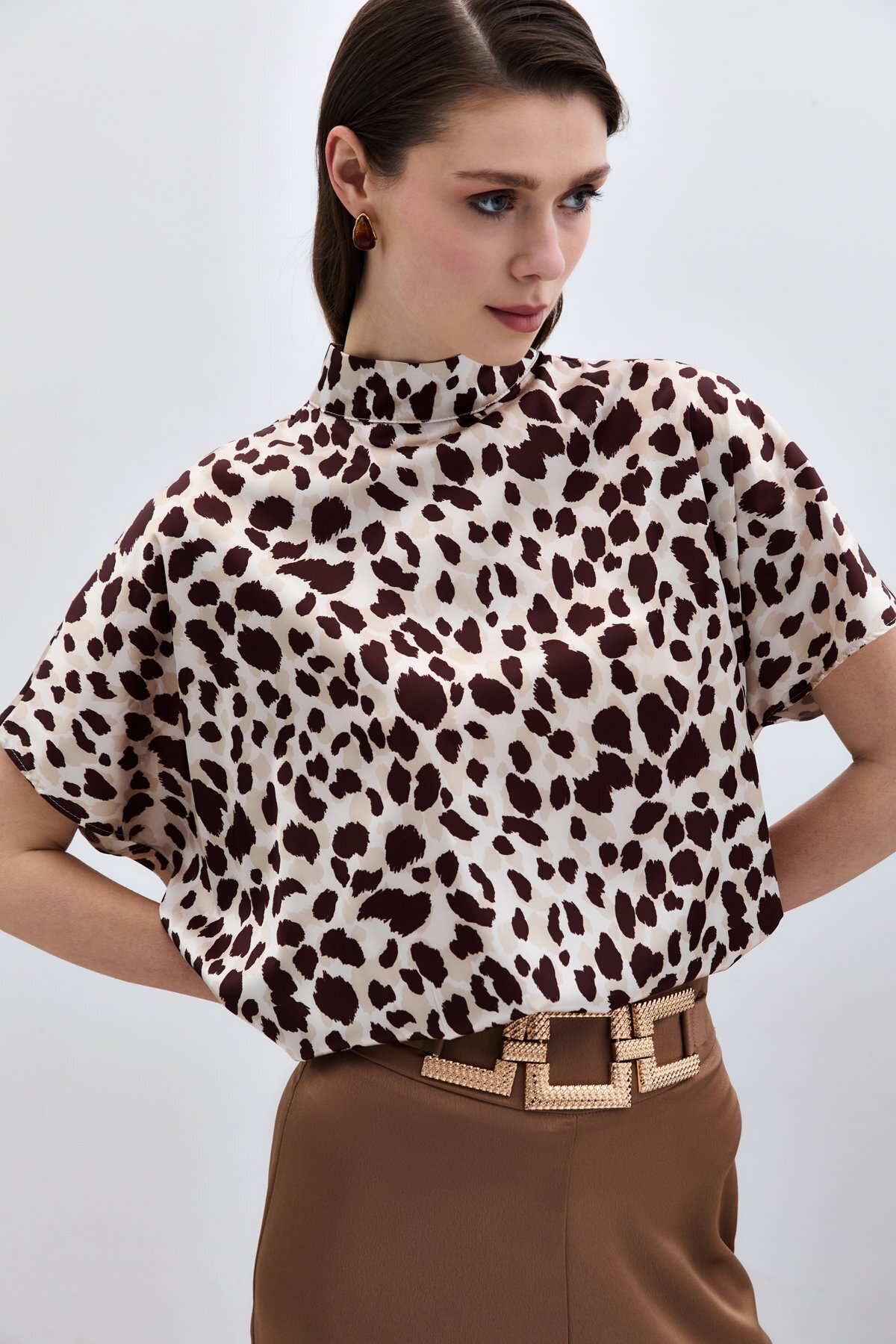 Sateen-Beige-Brown Bat Sleeve Loose Blouse 3