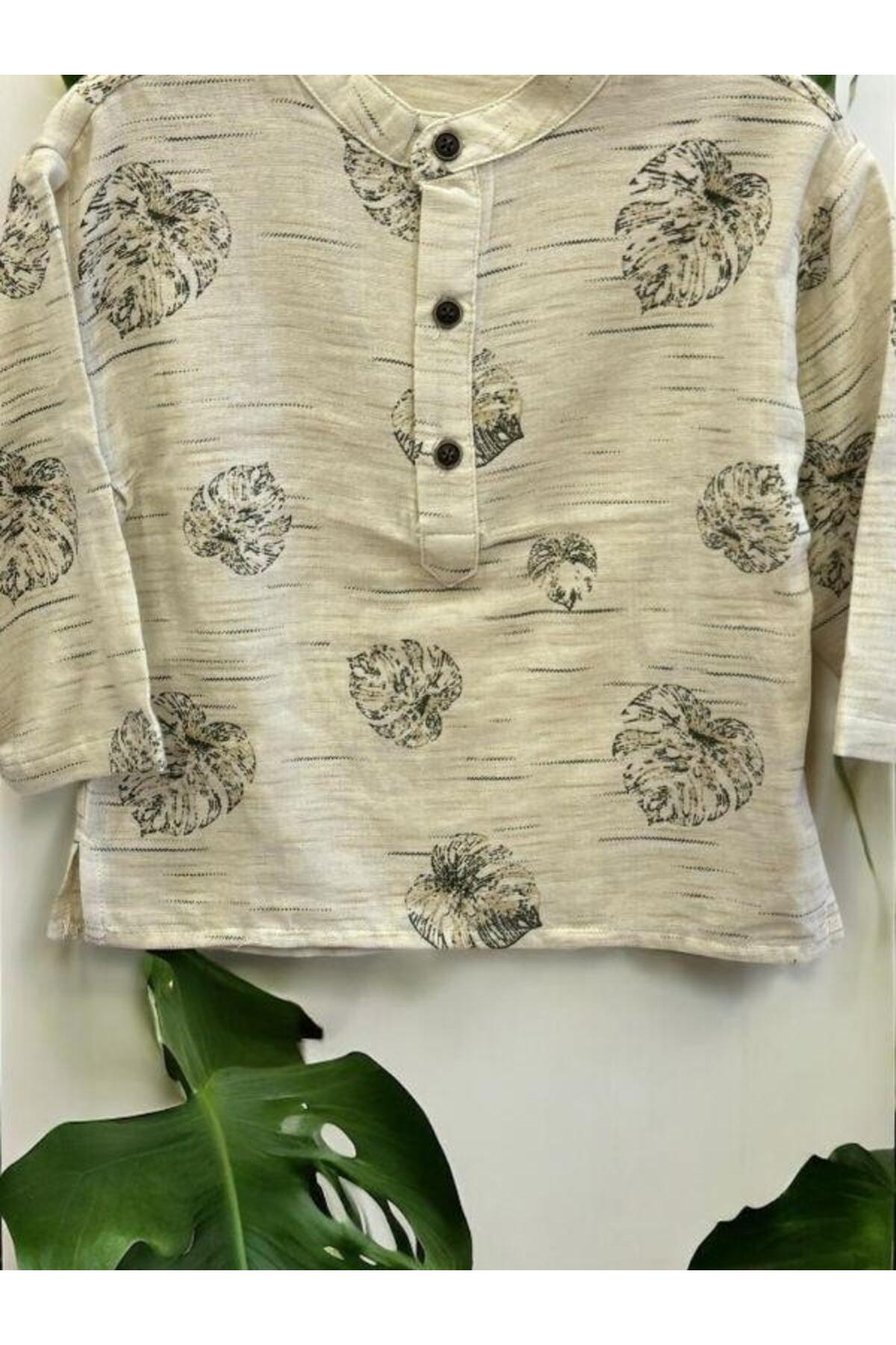 Zekids Erkek Bebek Düğmeli Hakim Yaka Palmiye Desenli Keten Gömlek fotoğrafı 3 (önizleme)