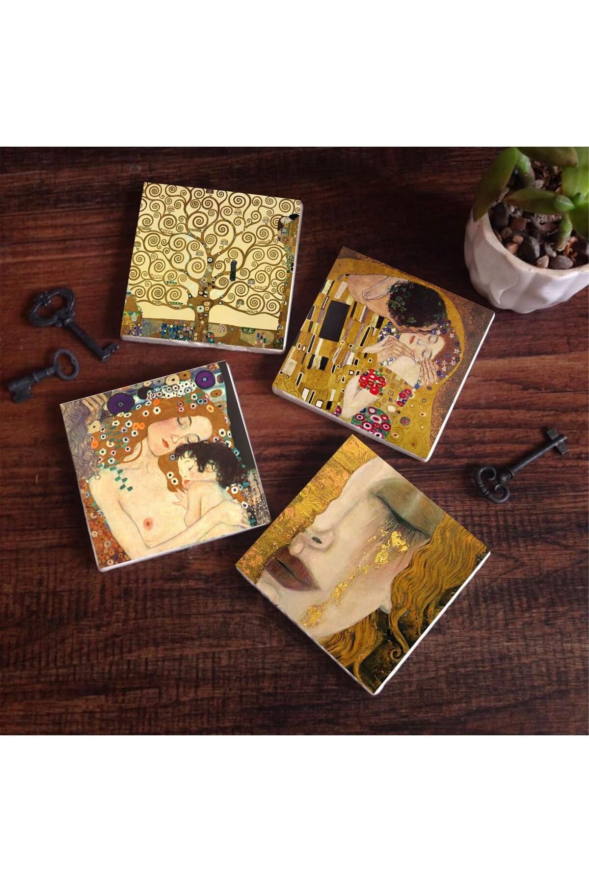 KDROĞLU plamystical Gustav Klimt Altın Gözyaşları, Anne Çocuk, Öpücük, Hayat Ağacı Taş Bardak Alt