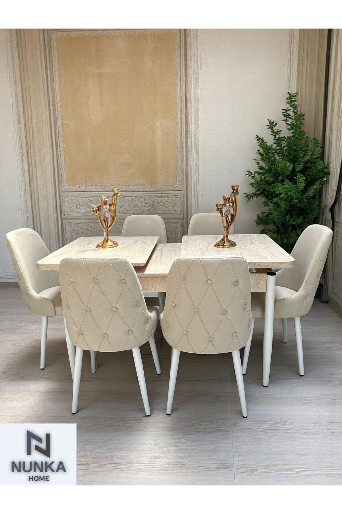 NUNKA HOME 6 Kişilik Traverten Desenli Kelebek Yemek Masası Takımı Krem Baybface Sandalyeli Modern Tasarım