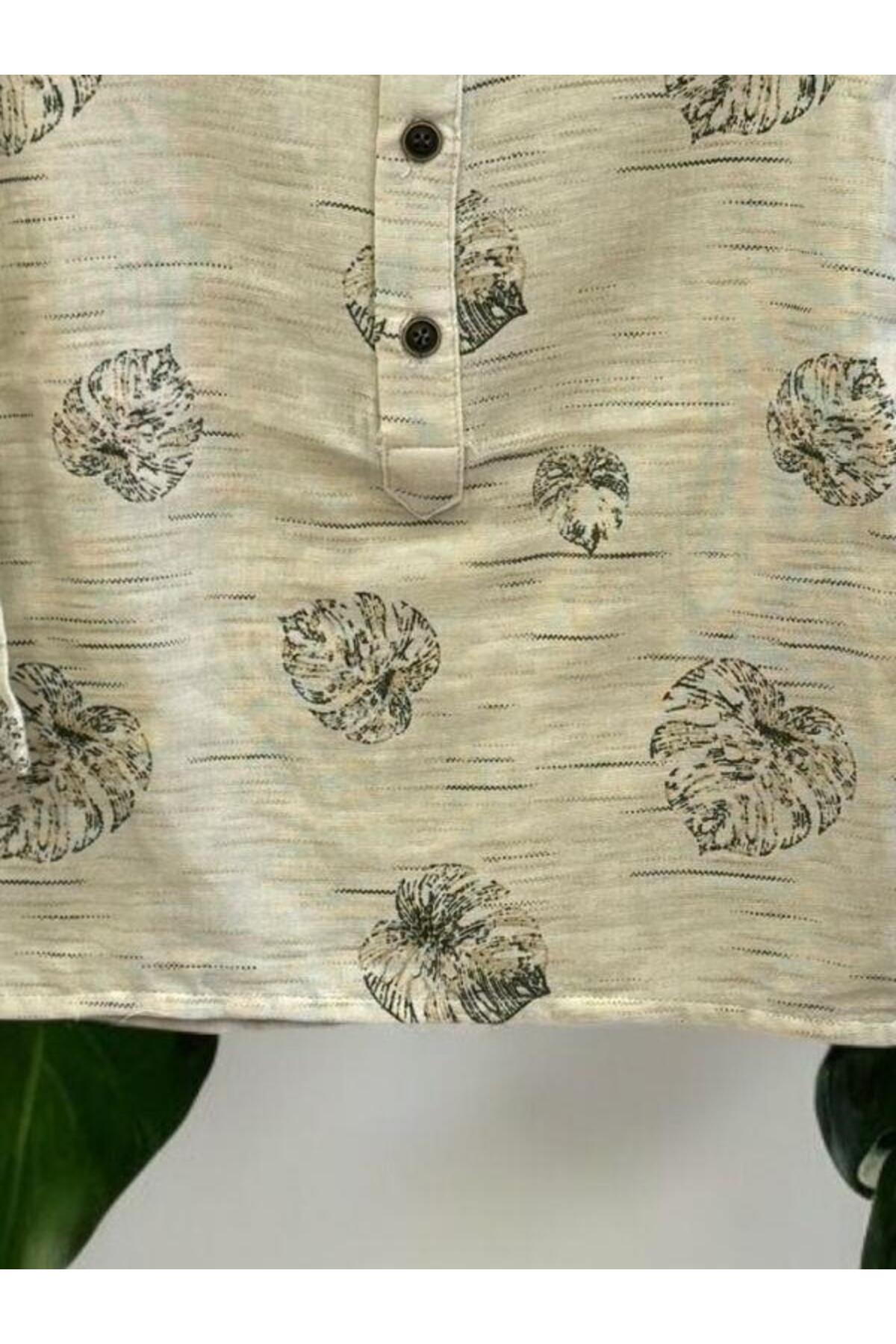 Zekids Erkek Bebek Düğmeli Hakim Yaka Palmiye Desenli Keten Gömlek fotoğrafı 4 (önizleme)