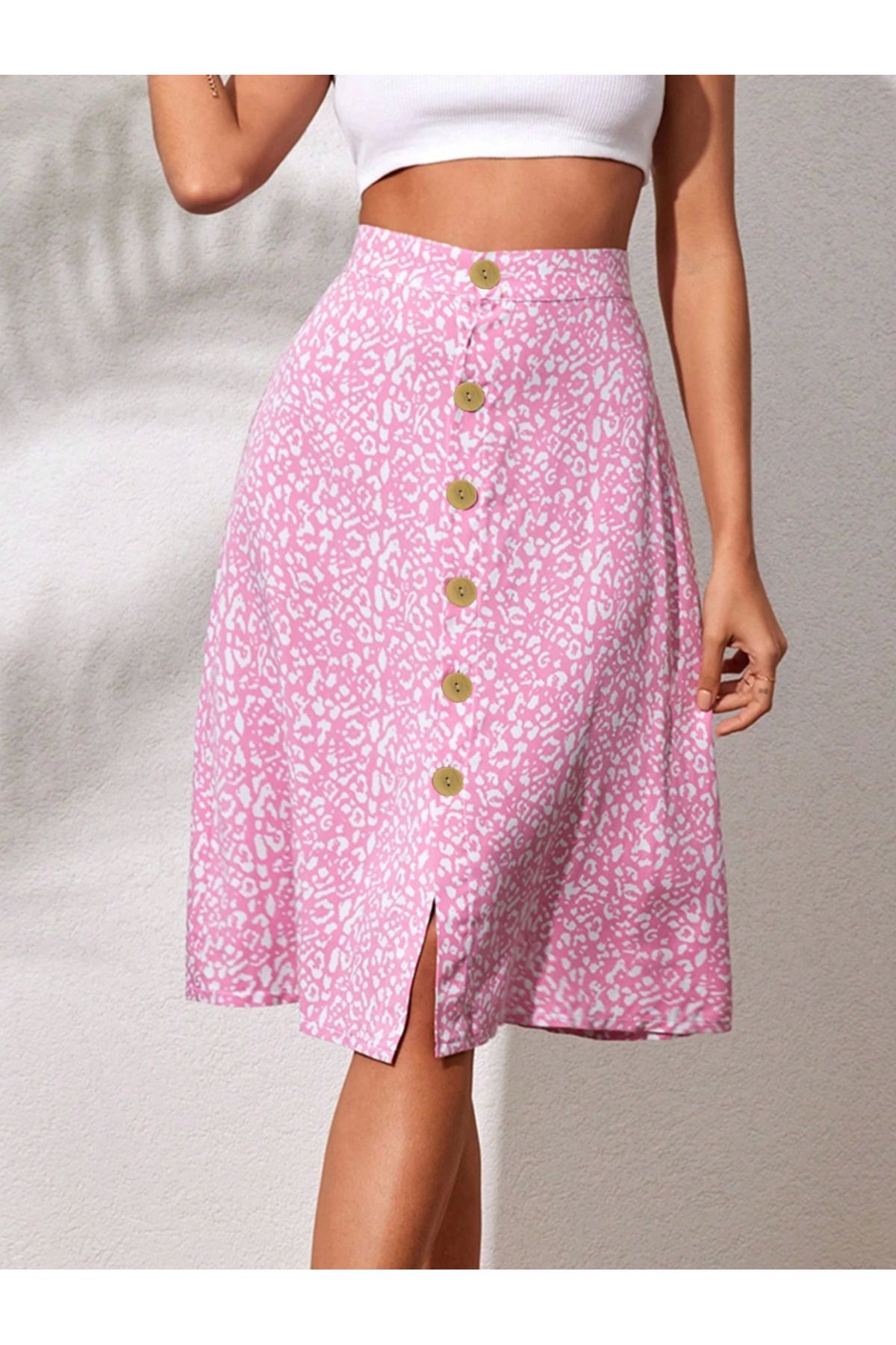 İntive Lingerie Pembe Leopar Desen Önden Düğmeli Baskılı Diz Hizasında Midi Etek