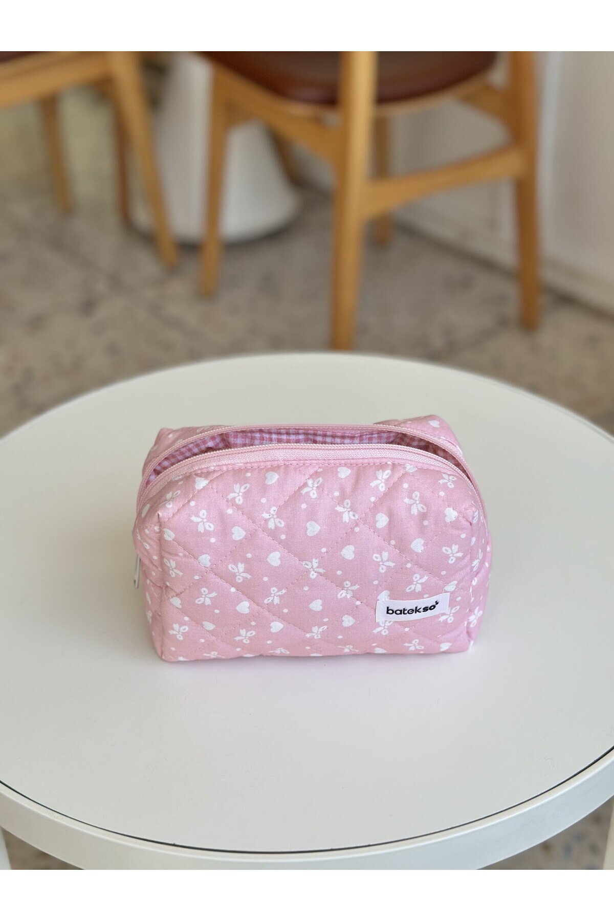 Pembe Kurdele Desenli Makyaj Çantası - Orta Boy — صورتی YYPM1004 — تصویر 3 از 5