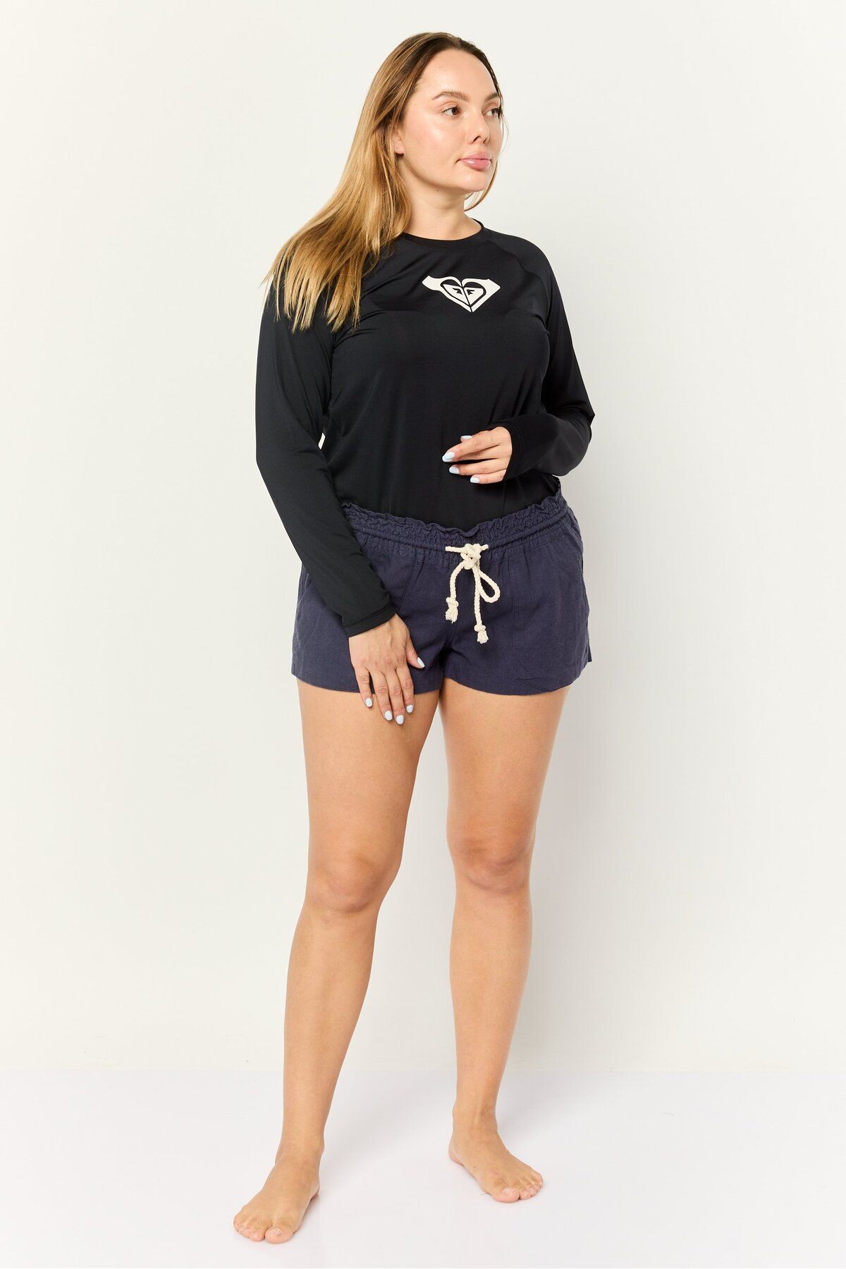 Roxy-Women Plain Drawstring Beachwear Shorts, Navy 2