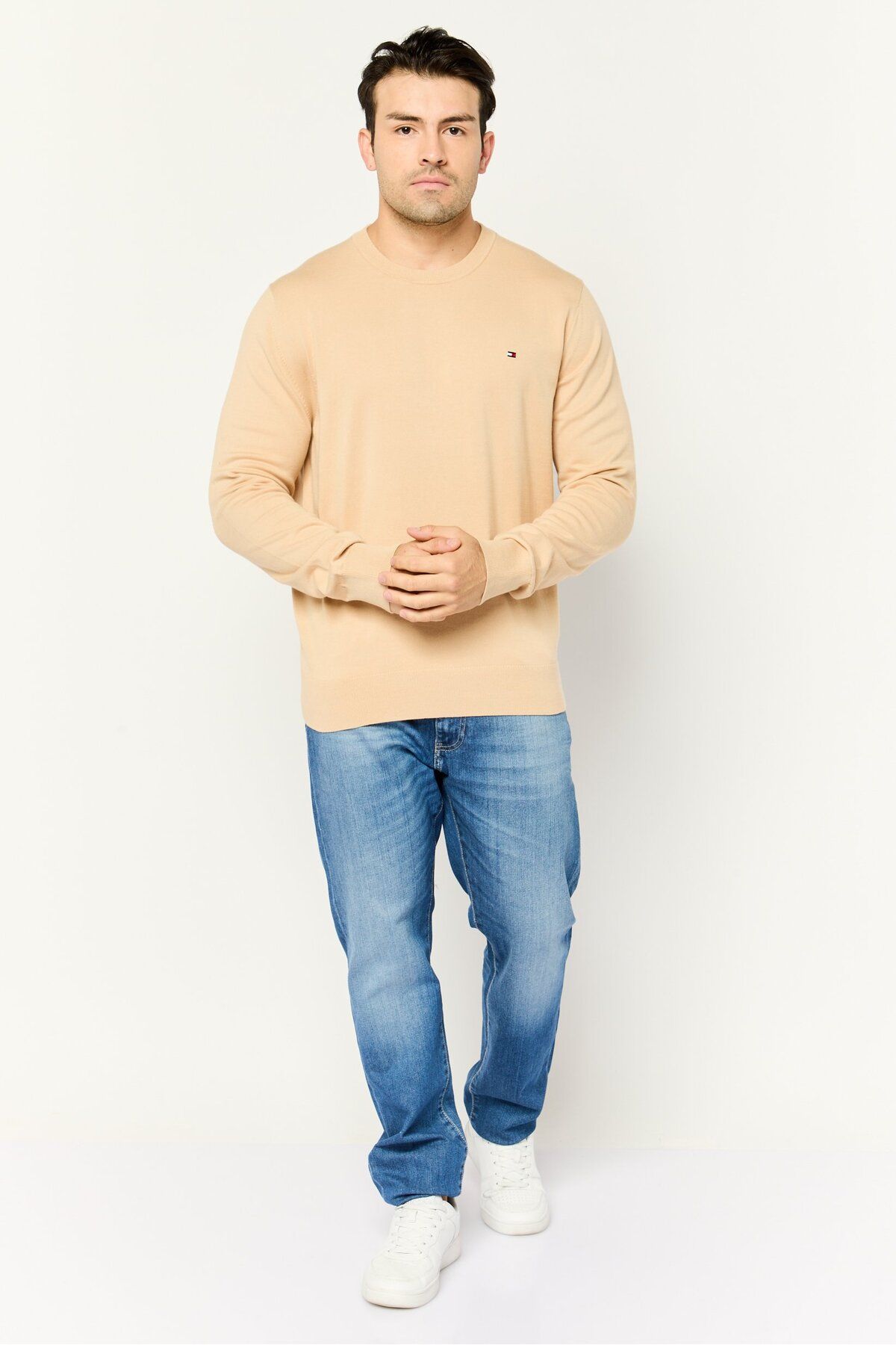 Tommy Hilfiger-Men Crew Neck Embroidered Long Sleeves Sweaters, Beige 2